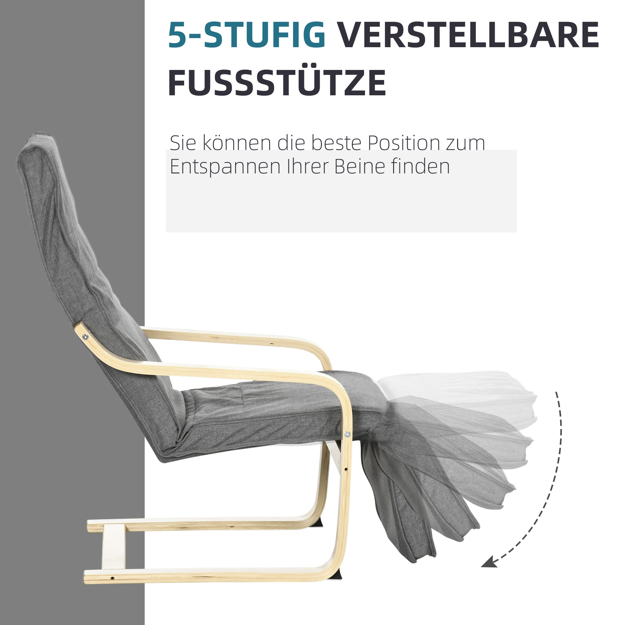 Akzentsessel, Relaxsessel mit verstellbarem Fußteil, Birkenholzrahmen, bis 120 kg, 66,5 x 94 x 100 cm, Grau