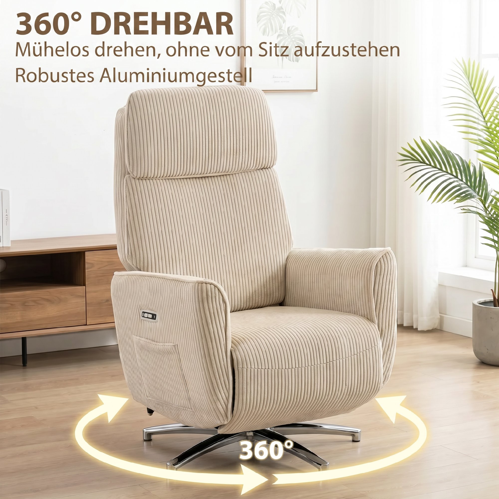 Relaxsessel Elektrisch Verstellbar Fernsessel mit Liegefunktion, 2 Motoren Drehbar TV Sessel mit USB-Anschluss