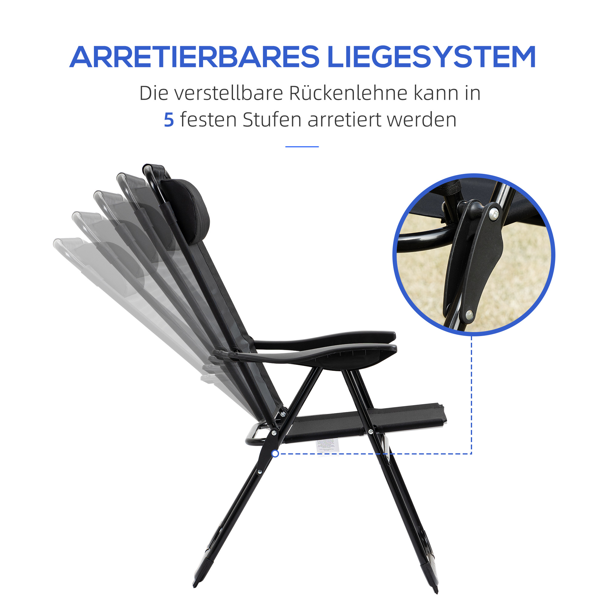 Klappstuhl 2er-Set, Klappliege, wetterfest, 5-fach verstellbare Rückenlehne, Metallgestell, Schwarz