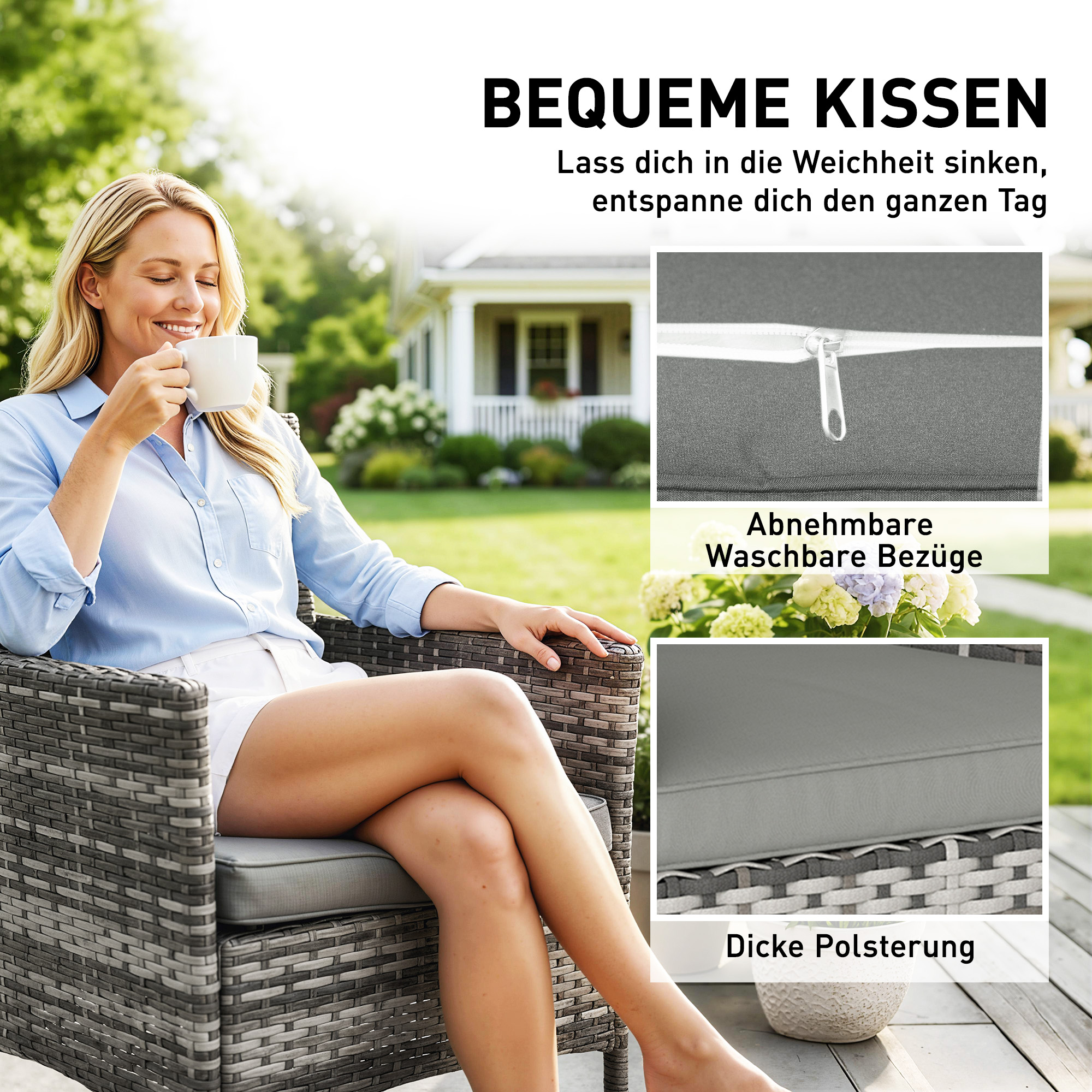 2er Set Gartenstuhl Polyrattan Gartenmöbel mit 2 Sessel Abnehmbaren Kissen Stahlrahmen Grau