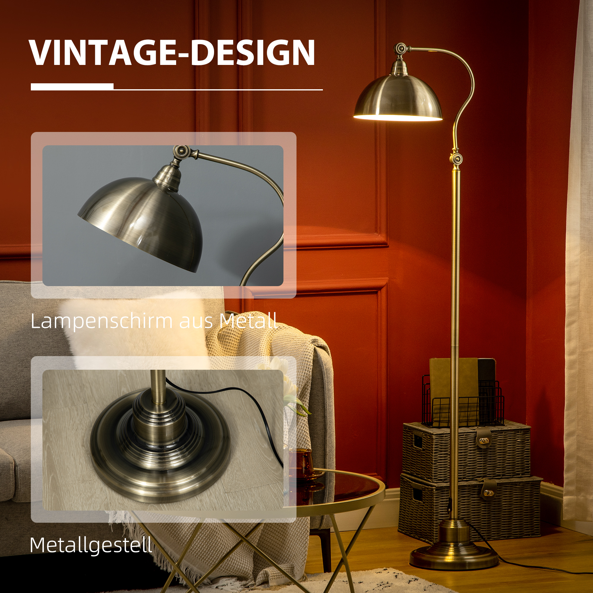 Stehleuchte im Vintage-Design, verstellbarer Winkel, Messing-Look, 42 cm x 25,5 cm x 152 cm, Bronze