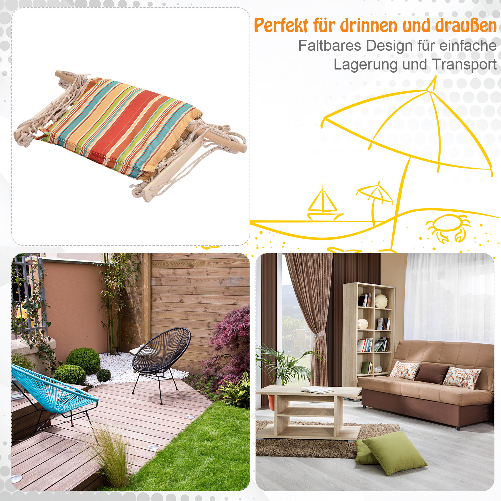 Hängesessel Hängeschaukel mit Querstrebe und Kissen Deckenhaken Gestell Hängestuhl bis 100kg belastbar Hängesitz für Indoor Outdoor Garten Terrasse Mehrfarbig