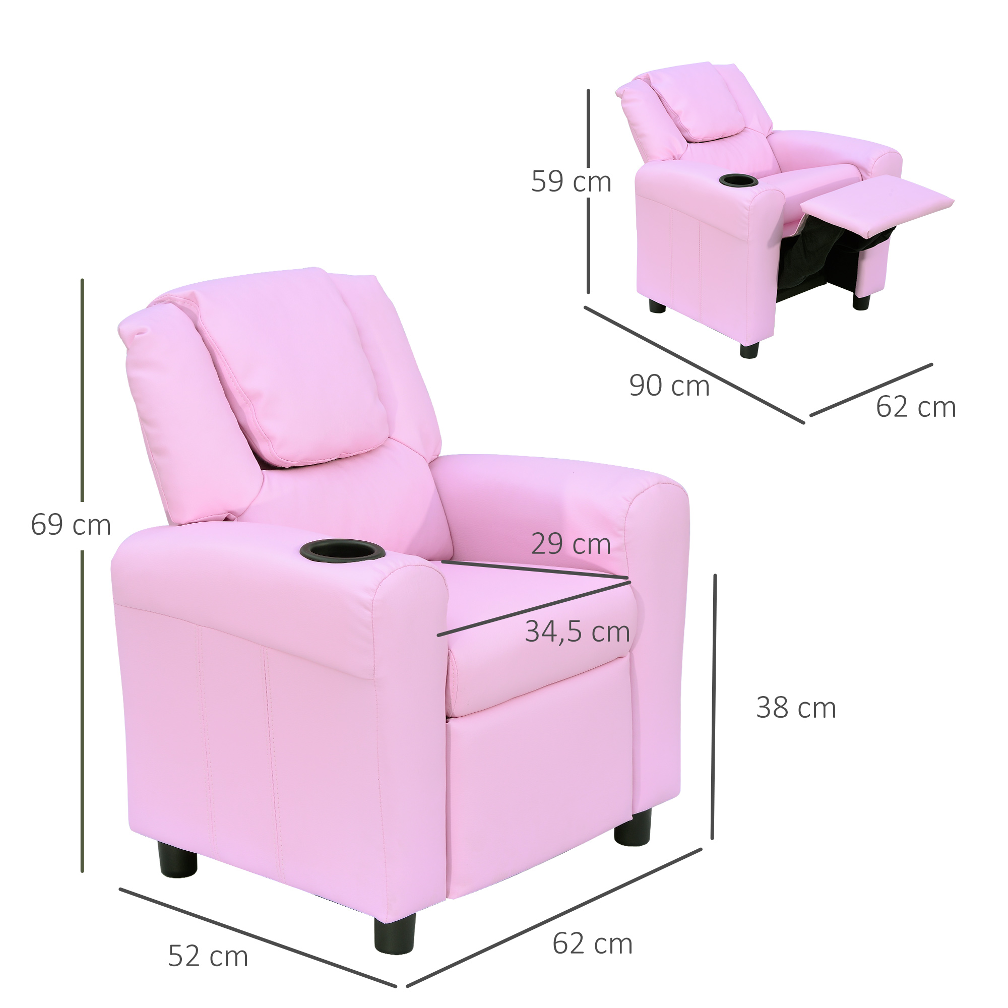 Kindersofa Kindersessel mit Fußstütze Armlehne Getränkehaltern verstellbare Rückenlehne Liegecouch Kindercouch Relaxsessel Kinder Sofa für 3-6 Jahre Jungen Mädchen Rosa