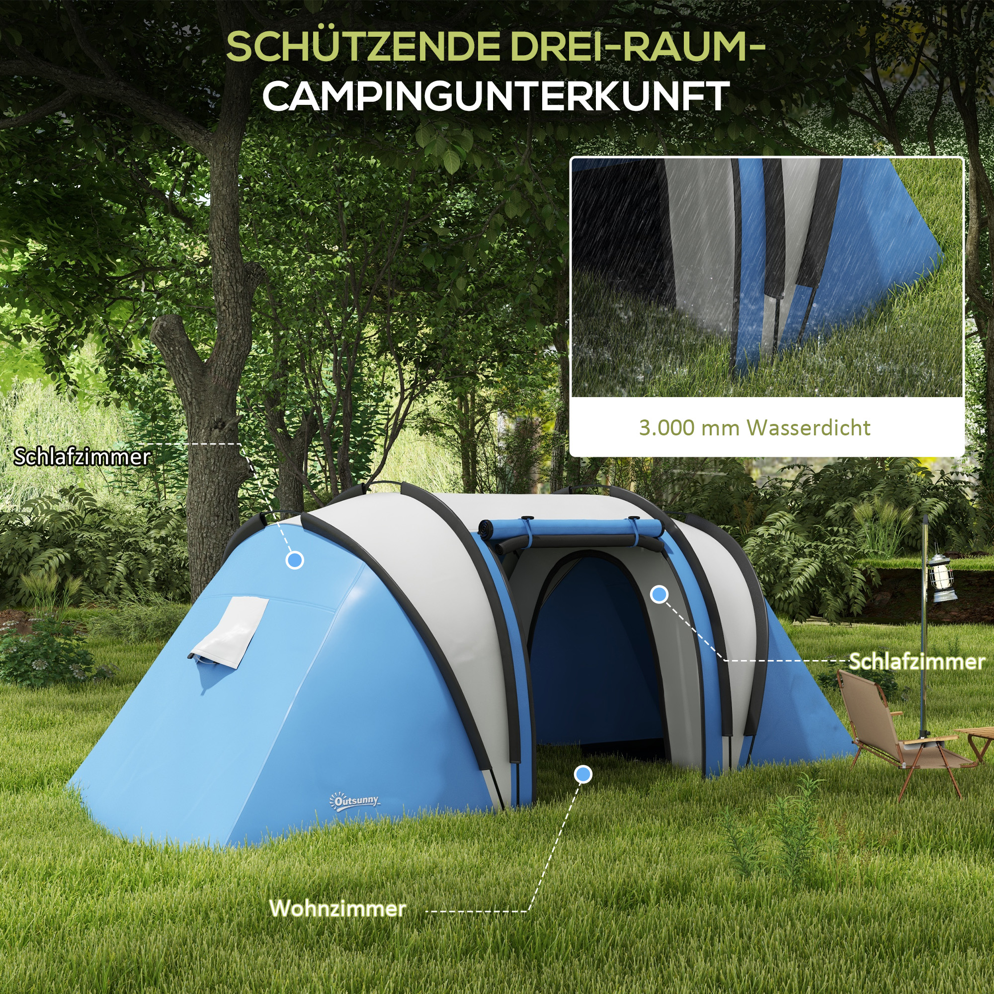 Campingzelt für 4-5 Personen leicht wasserabweisend Familienzelt mit 3 Zimmer Seitentür Fenster Blau