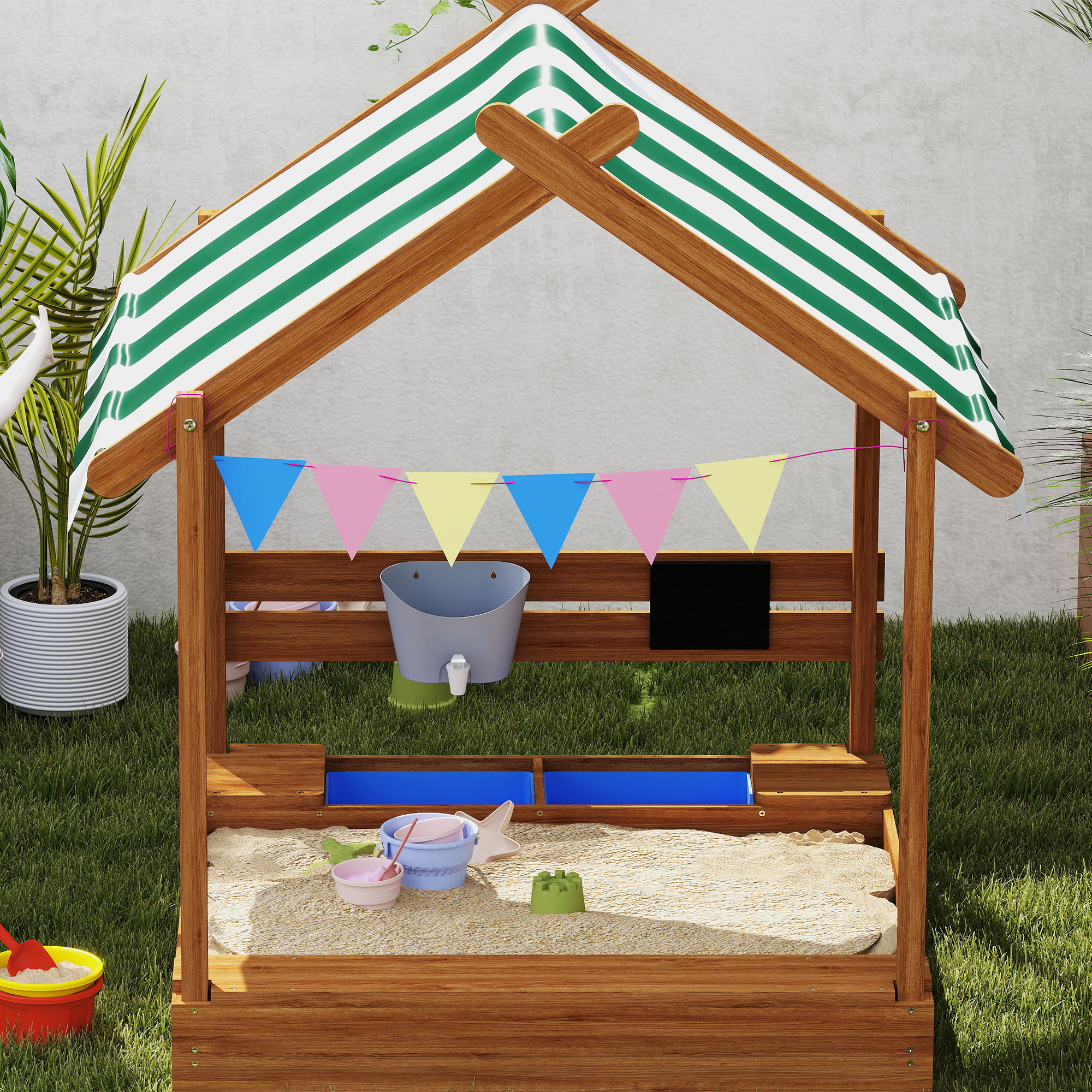 Sandkasten mit Sonnenschutz, Spielhaus-Design, mit Spielzeug-Set, behandeltes Massivholz, 124 x 116 x 146 cm, Grün