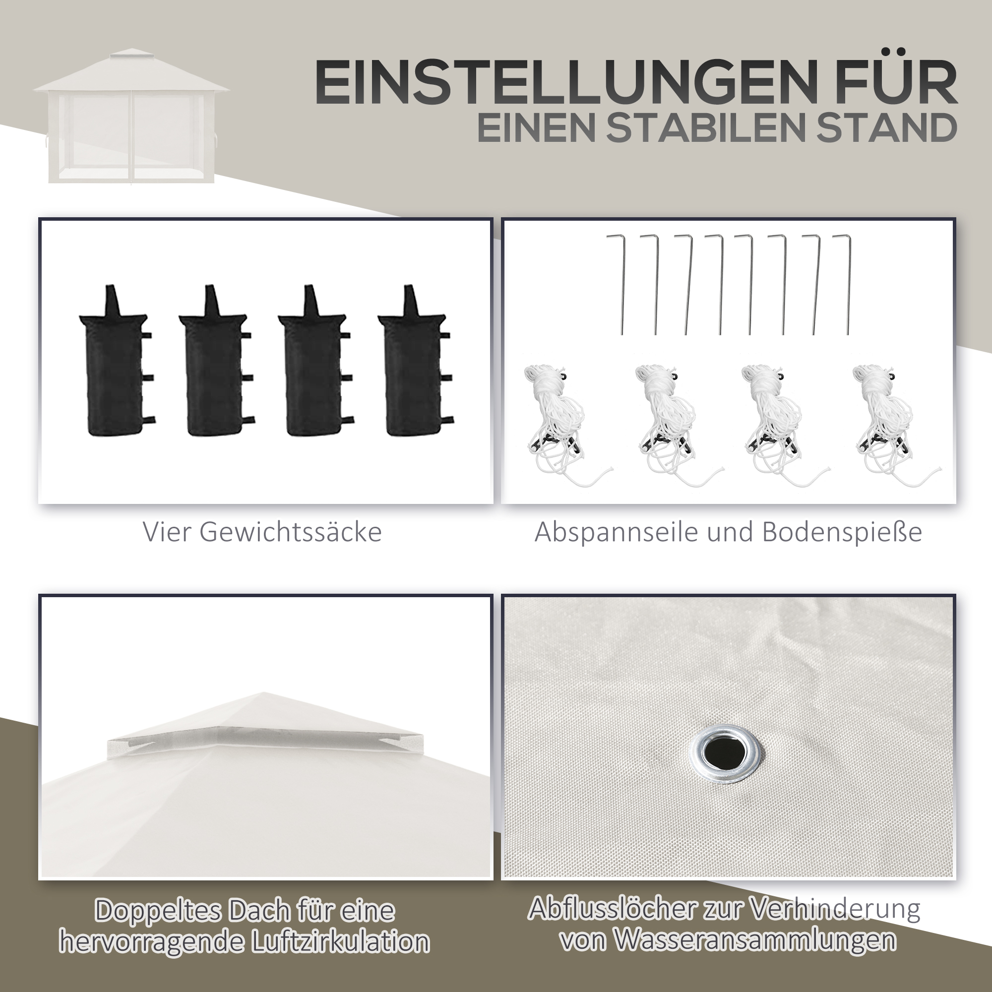 Faltpavillon, höhenverstellbar, 4 Netzwände, Lüftungsdach, Tragetasche, Schnellaufbau, 4 x 4 x 3 m, Cremeweiß