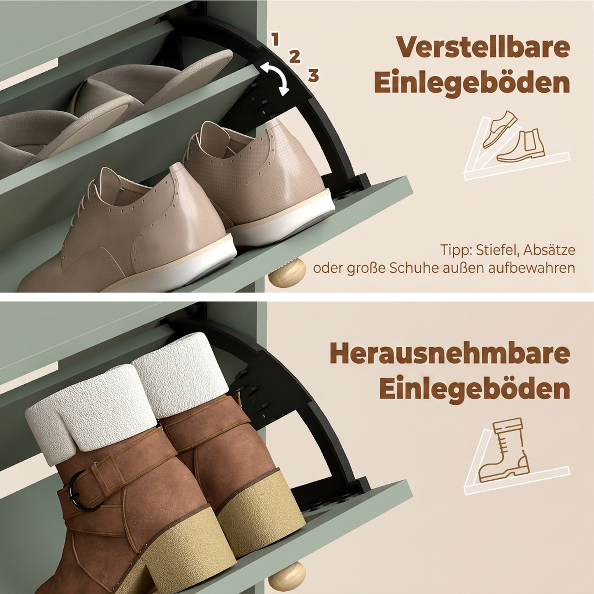 Schuhschrank mit 2 Klappfächern und verstellbaren Böden, hellgrün