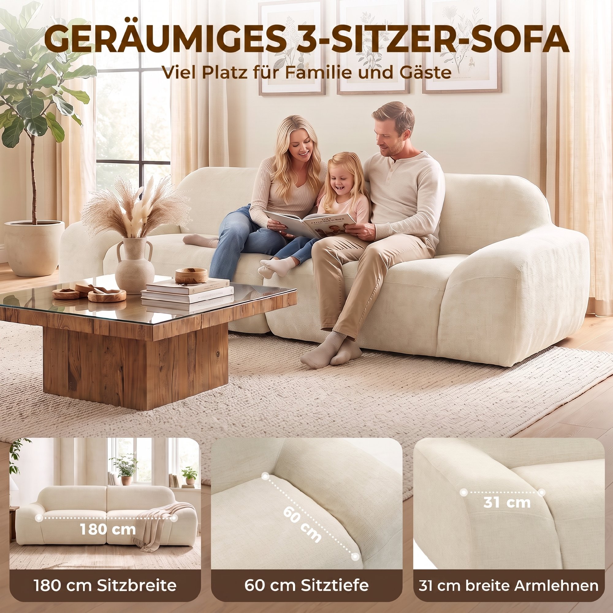 3-Sitzer-Sofa, abgerundet und rahmenlos, mit großzügiger Sitzfläche, dick gepolstert, keine Montage, cremeweiß