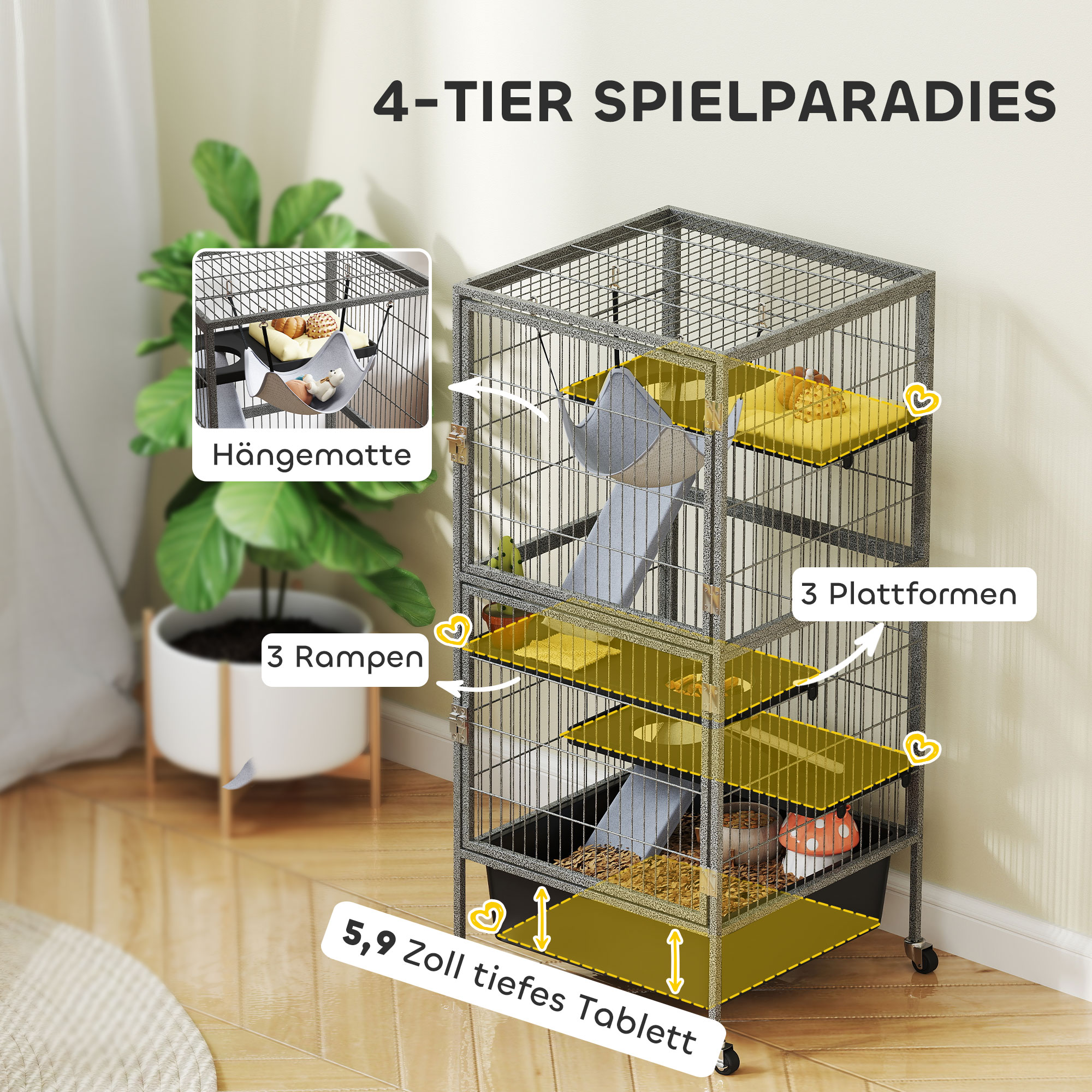 Kleintierkäfig 4-stöckiger Nagerkäfig mit ausziehbarem Tablett Rampen Hängematte Rollen Plattformen 52x52x115 cm Grau