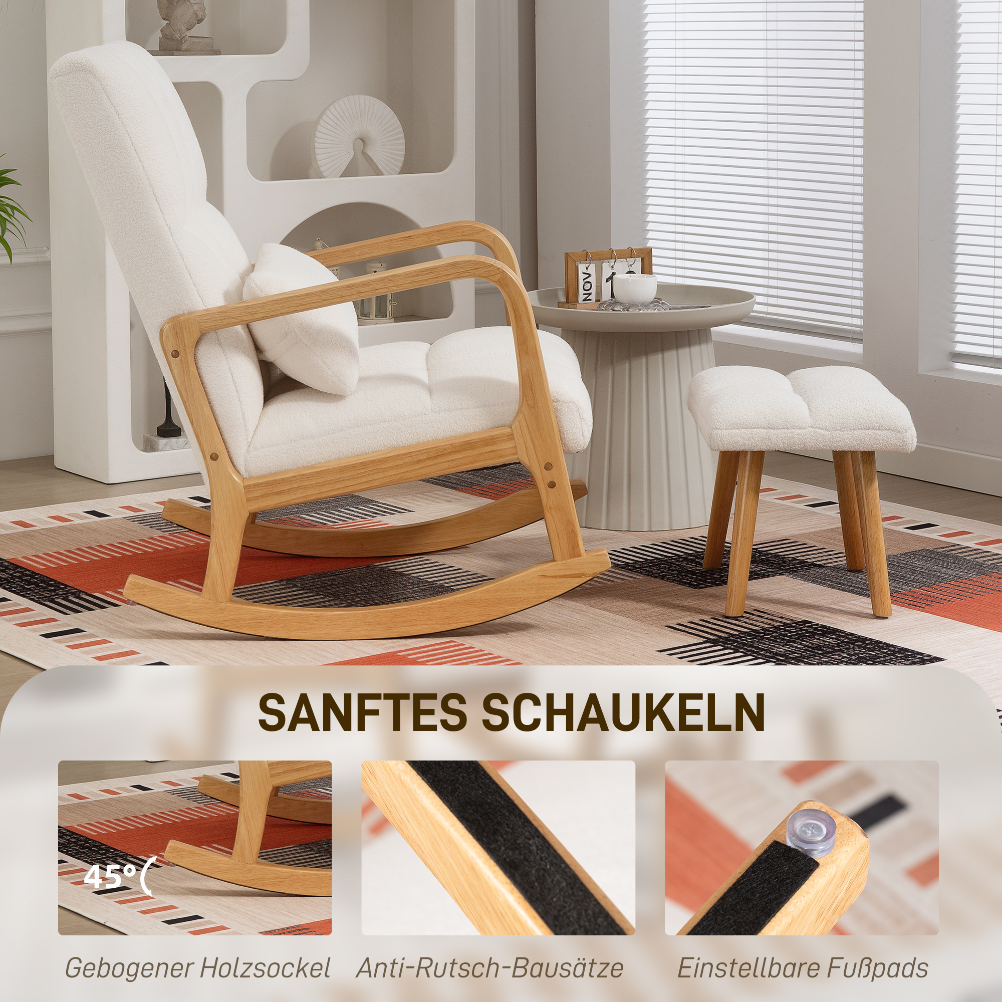 Schaukelstuhl mit Fußhocker, Fleece-Bezug, Hohe Rückenlehne, Holzbeine, Fußpads, Weiß
