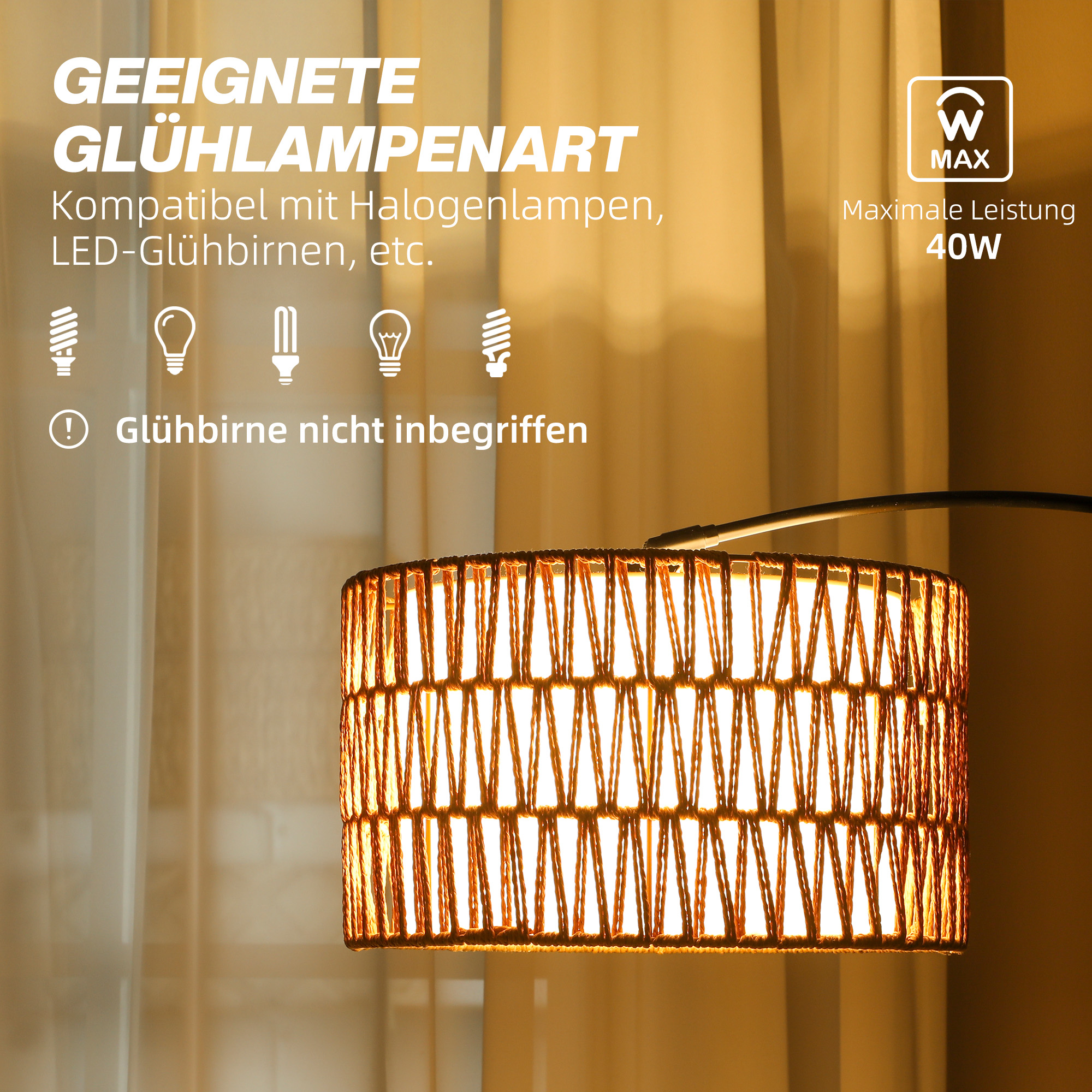 Stehlampe mit Hanfseil-Schirm, höhenverstellbar, Fußschalter, Metall, Schwarz