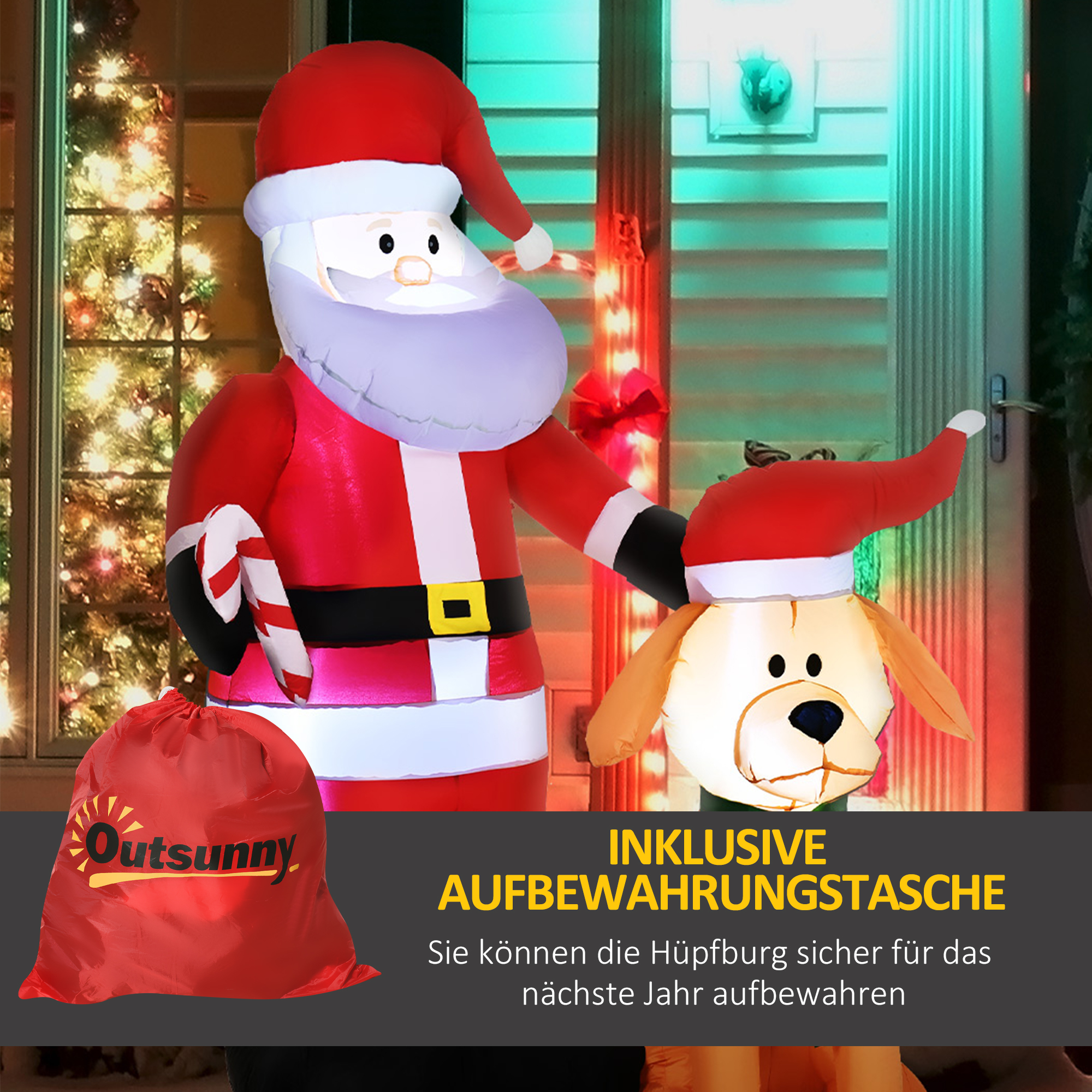 Weihnachtsdeko, Weihnachtsmann mit Hund, aufblasbar, groß, inkl. Gebläse, 117 x 80 x 157 cm