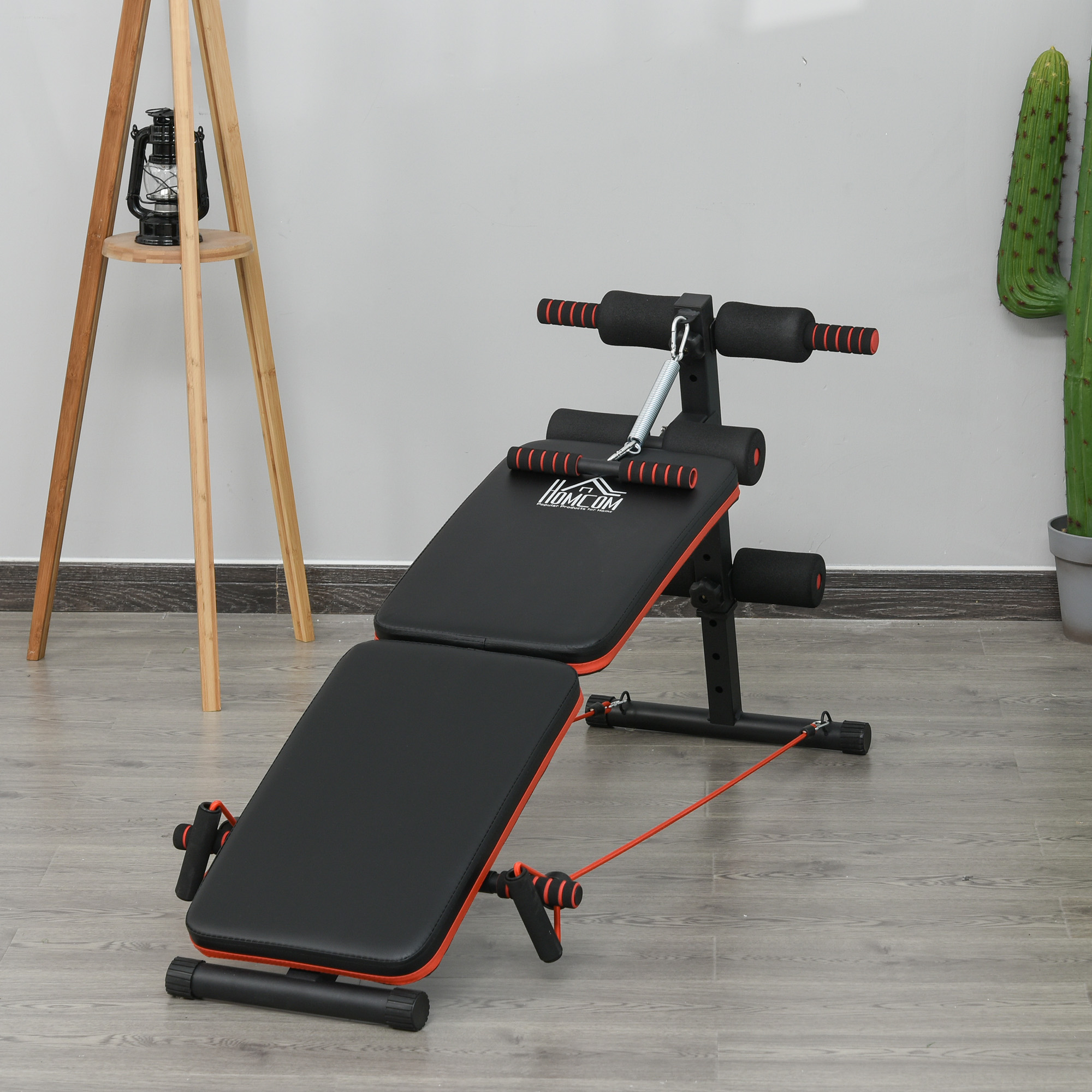 Sit Up Bank Bauchtrainer mit Trainingsseile Trainingsbank Multifunktion Verstellbar&klappbar 110 kg Belastbarkeit Stahl Schwarz+Rot 137 x 51 x 50-66 cm