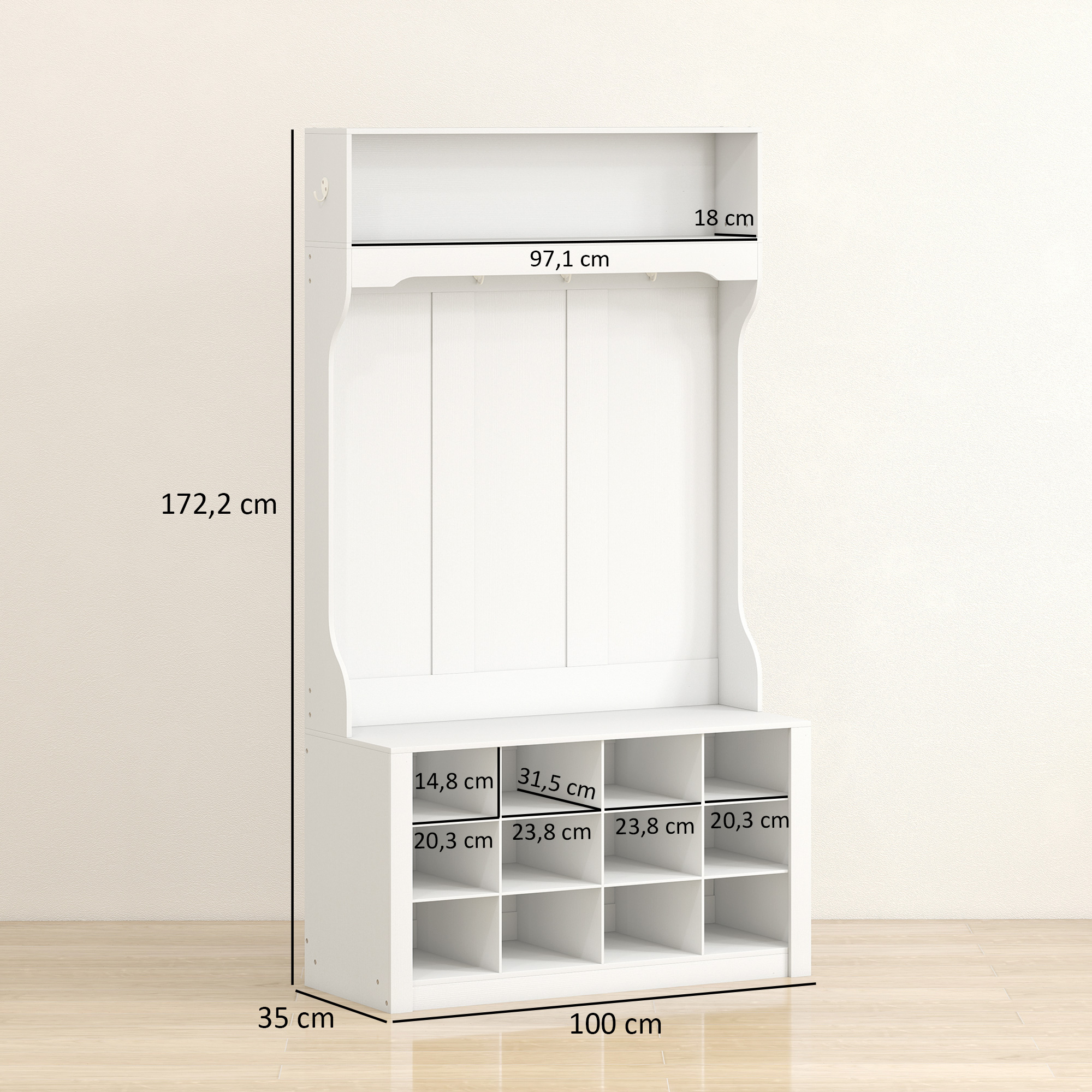 Garderobe mit Regal, Bank, Haken, Schuhfächern, Spanplatten, MDF, Weiß