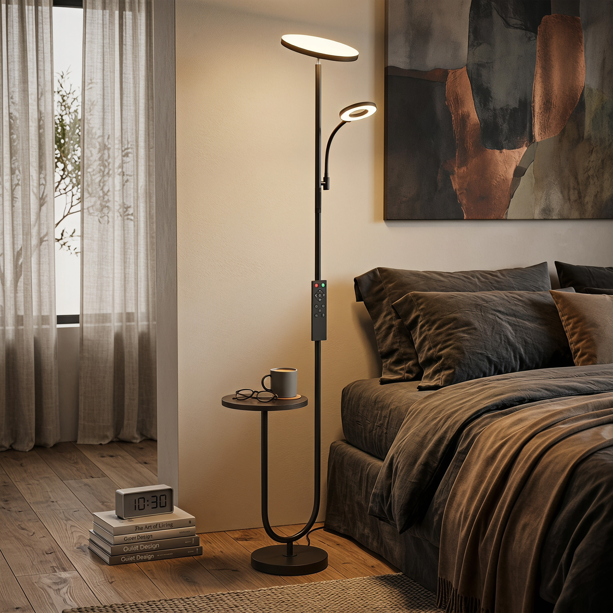 LED-Deckenfluter mit Ablagetisch und Leselampe, dimmbare Stehlampe mit Fernbedienung, 4 Farbtemperaturen