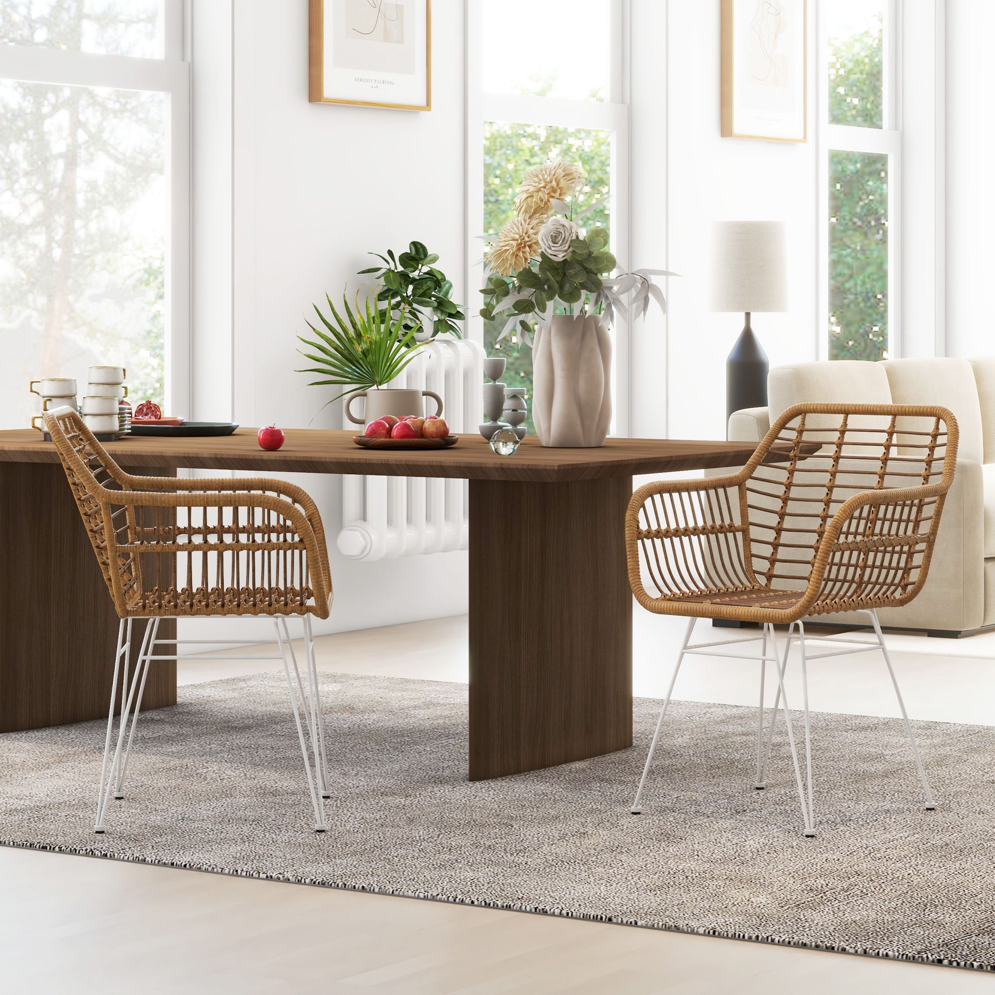 2-er-Set Stühle im Boho-Stil, Küchenstühle, PE-Rattan, 56 x 60 x 79 cm, Natur + Weiß