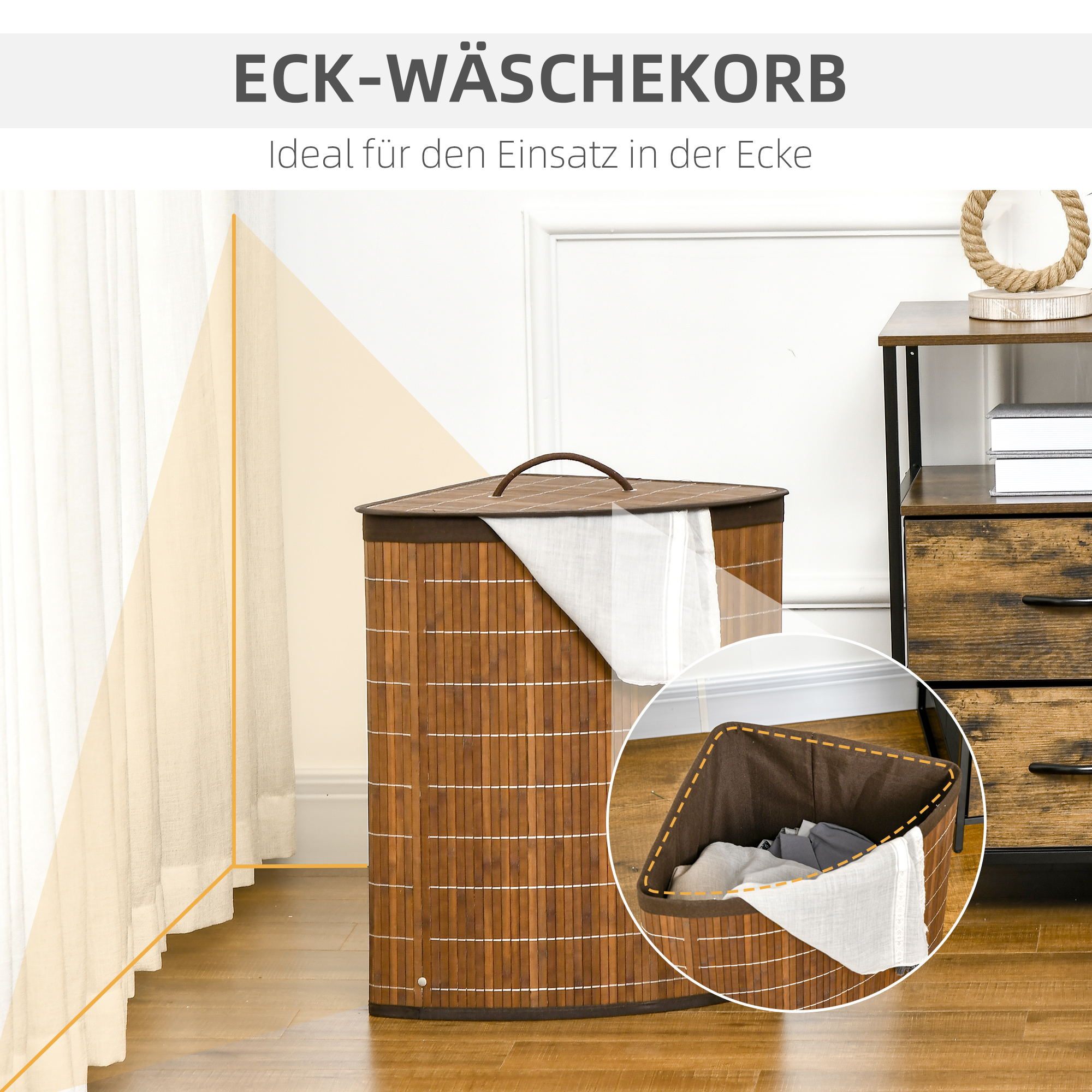 Wäschekorb Wäschesammler, 55L Fassungsvermögen, abnehmbarer Deckel, 38 cm x 38 cm x 57cm, Braun