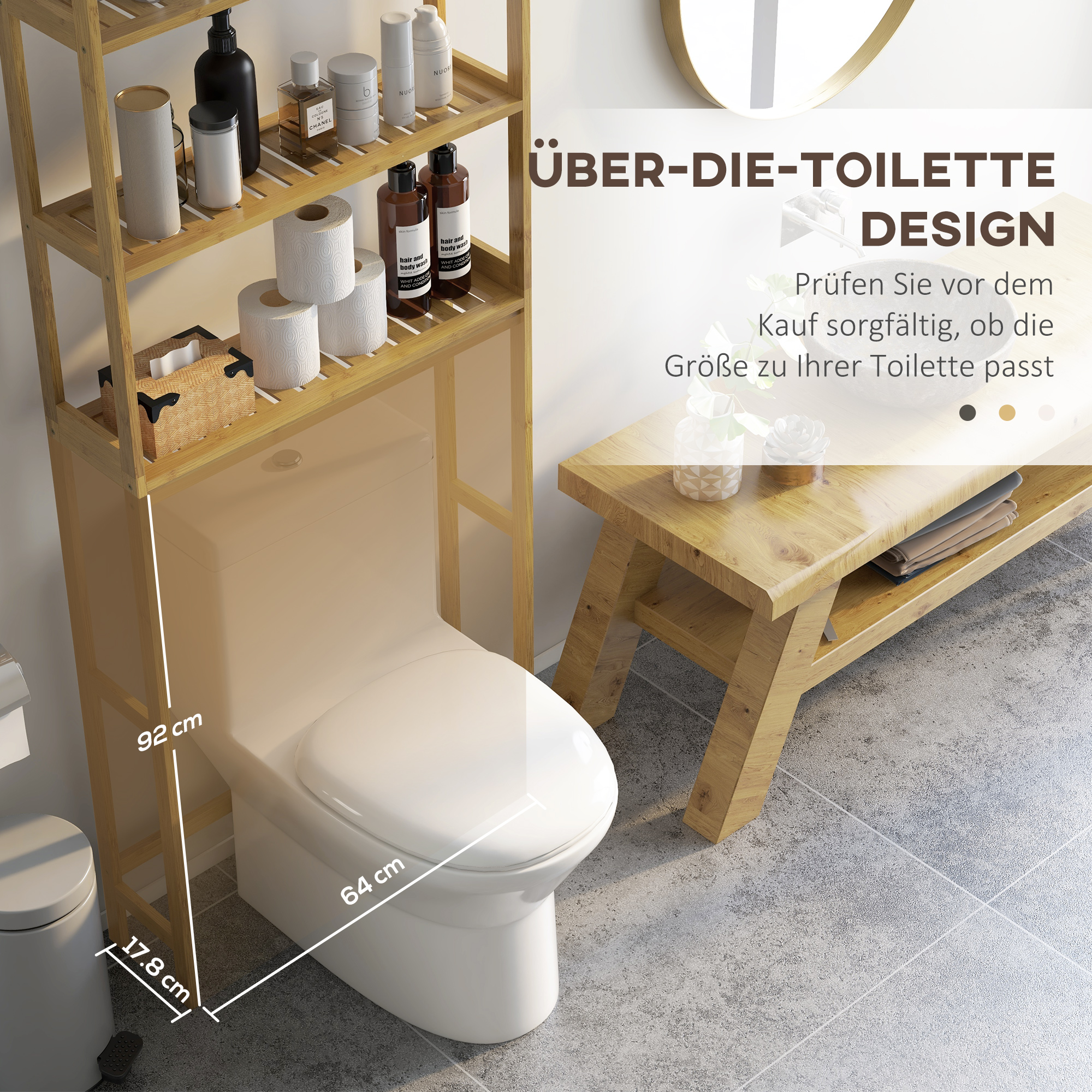 Badezimmerregal Badregal Toilettenregal, 3 Regale, wasserbeständig, 68 cm x 20 cm x 165 cm, Natur