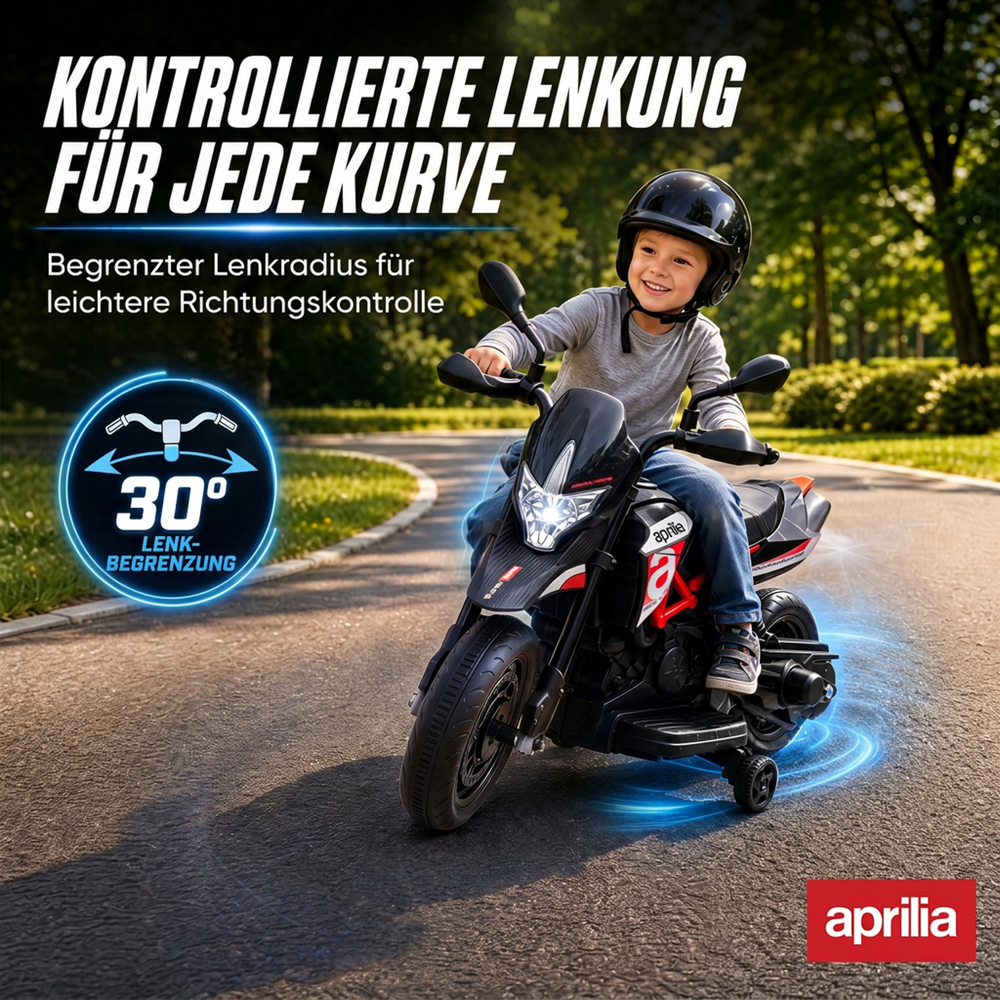 Elektro Motorrad Kinder APRILIA 6 V Elektromotorrad mit Lithium Akku 25W Motor 30° Lenkbegrenzung abnehmbar Stützrädern