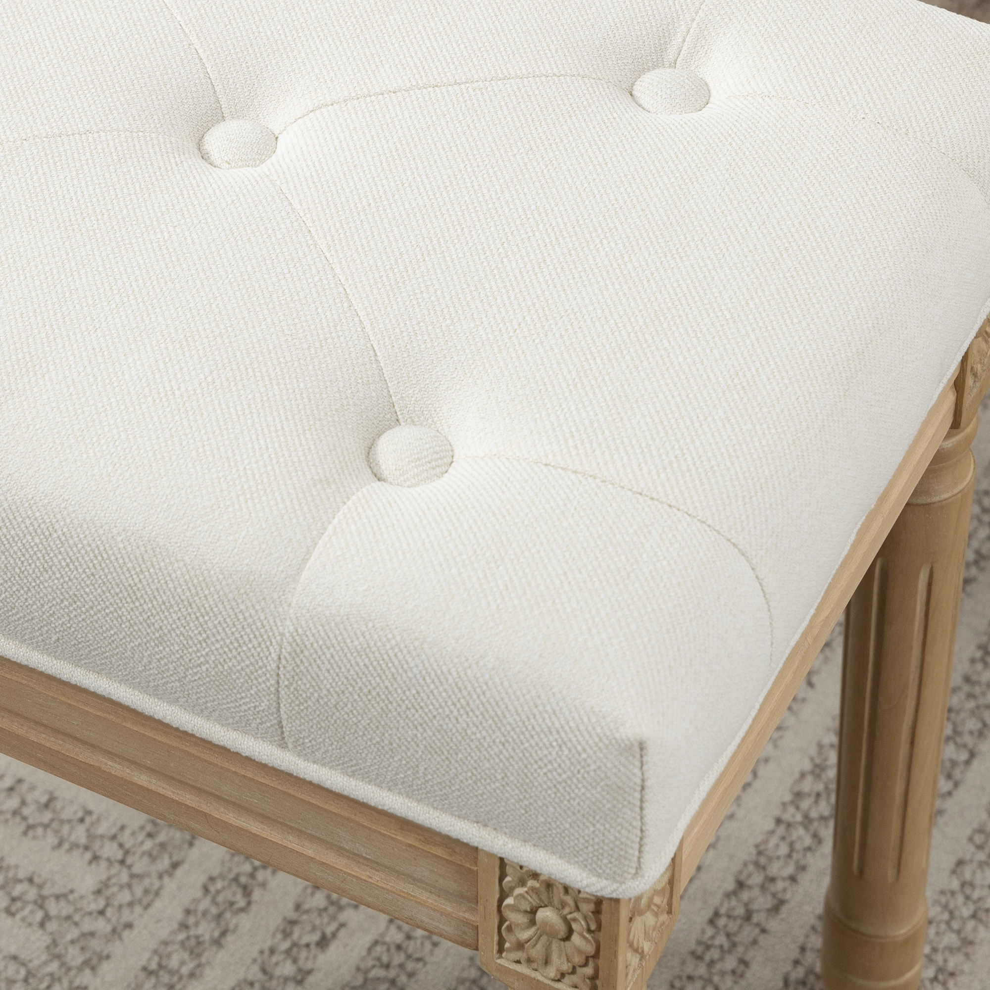 Leinen Sitzhocker, Polsterbank, Fußbank mit gepolstertem Sitz, Holzbeine, 42 x 32 x 46,5 cm, Beige
