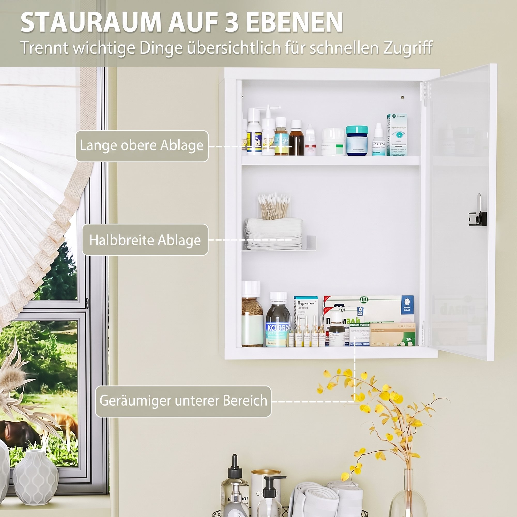 Medizinschrank zur Wandmontage, Badezimmerschrank mit Zahlenschloss, Tür und Ablagefächern, Weiß
