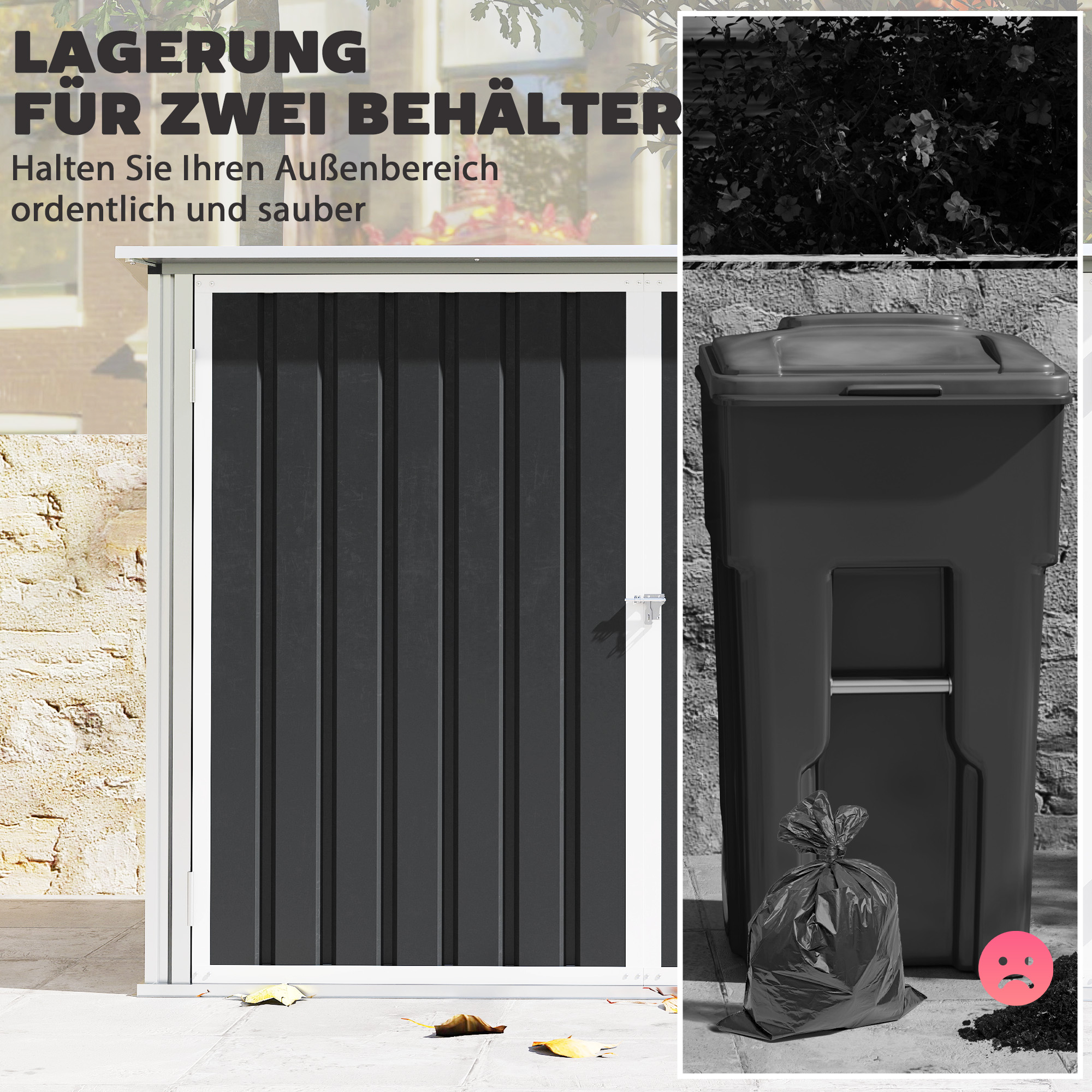 Mülltonnenbox für 2 Mülltonnen aus verzinktem Stahl Müllbox mit Klappdeckel Gasdruckfeder Doppeltür Belüftungsöffnungen