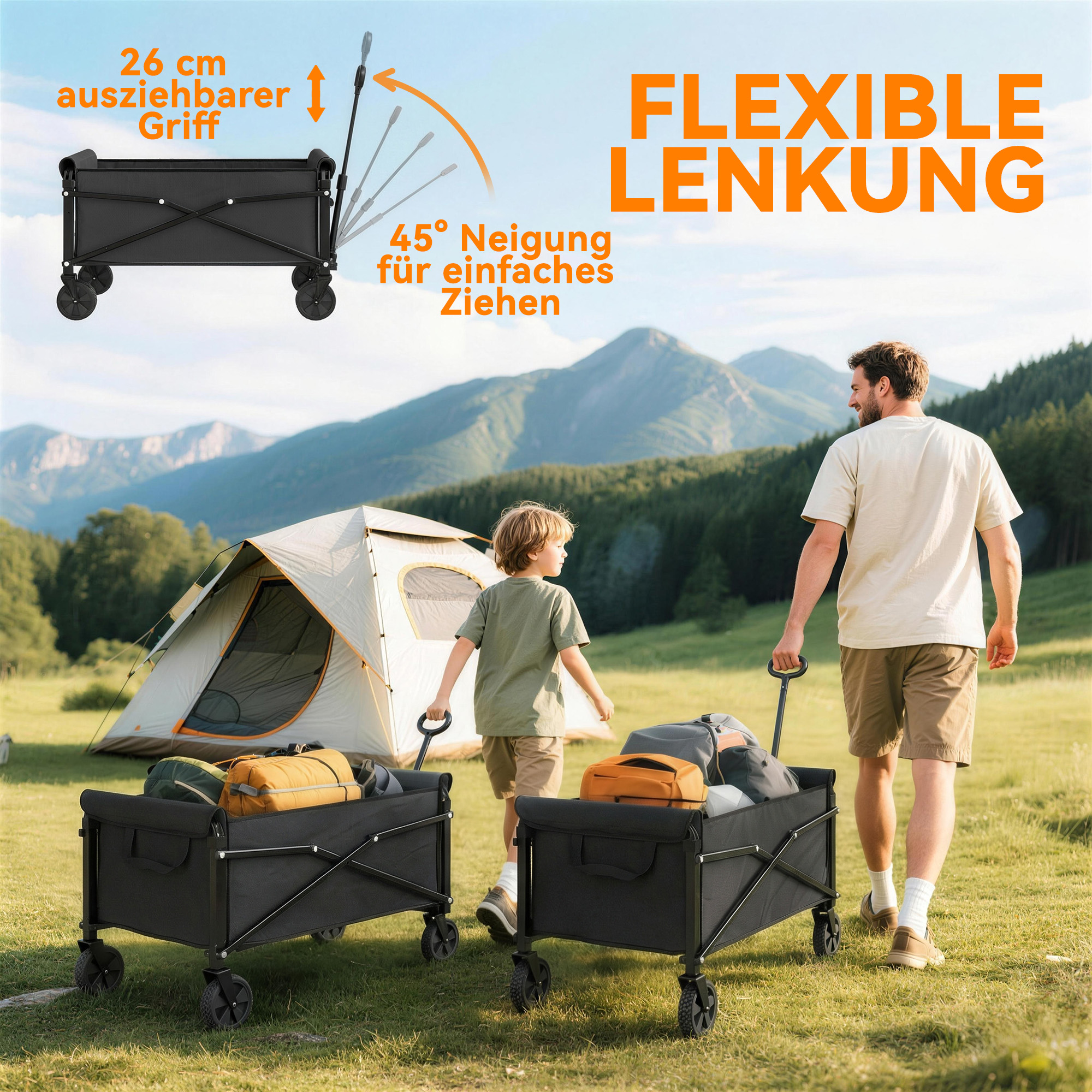 80L Festivalwagen auf Rädern, kompakter faltbarer Gartenwagen mit verstellbarem Griff, Schwarz