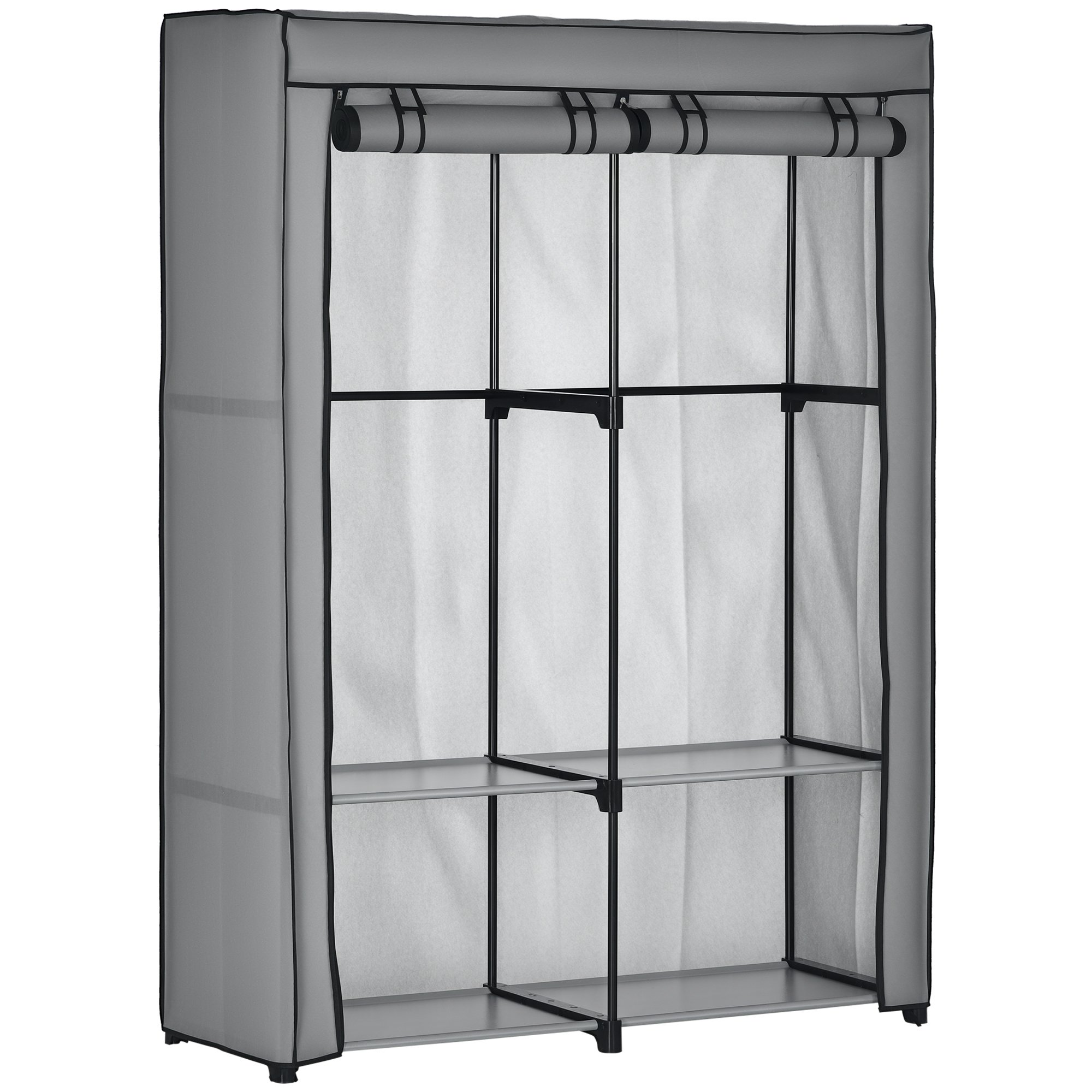 Schrank aus Stoff, Aufbewahrungslösung, 4 Regale, 2 Kleiderstangen, Grau Schrank aus Stoff, Aufbewahrungslösung, 4 Regale, 2 Kleiderstangen, Grau