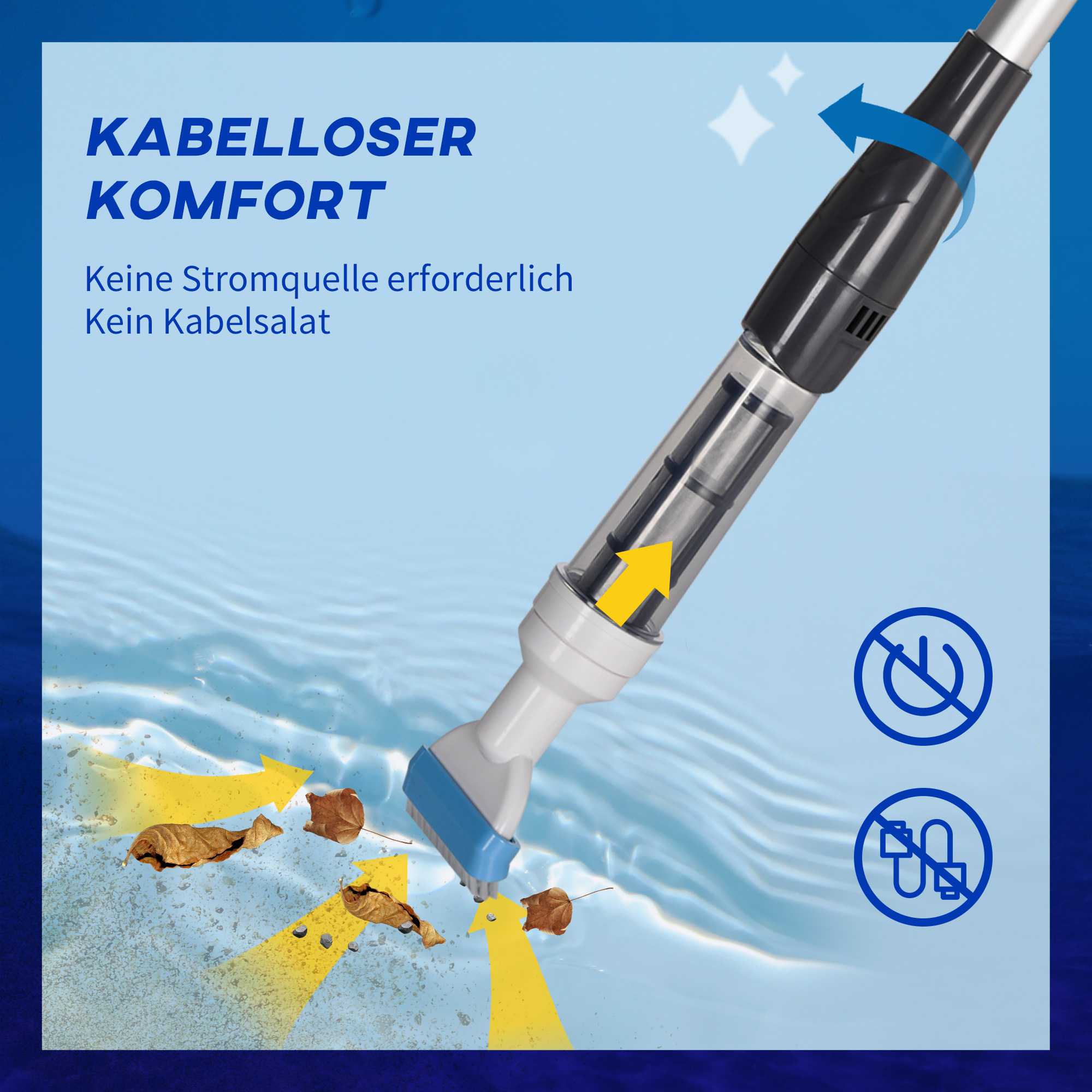 Poolsauger, kabbellos, 80 Min. Betrieb, geringes Gewicht: 800g, 19L Wasser/Minute, Aluminium, ?6 x 106-162 cm