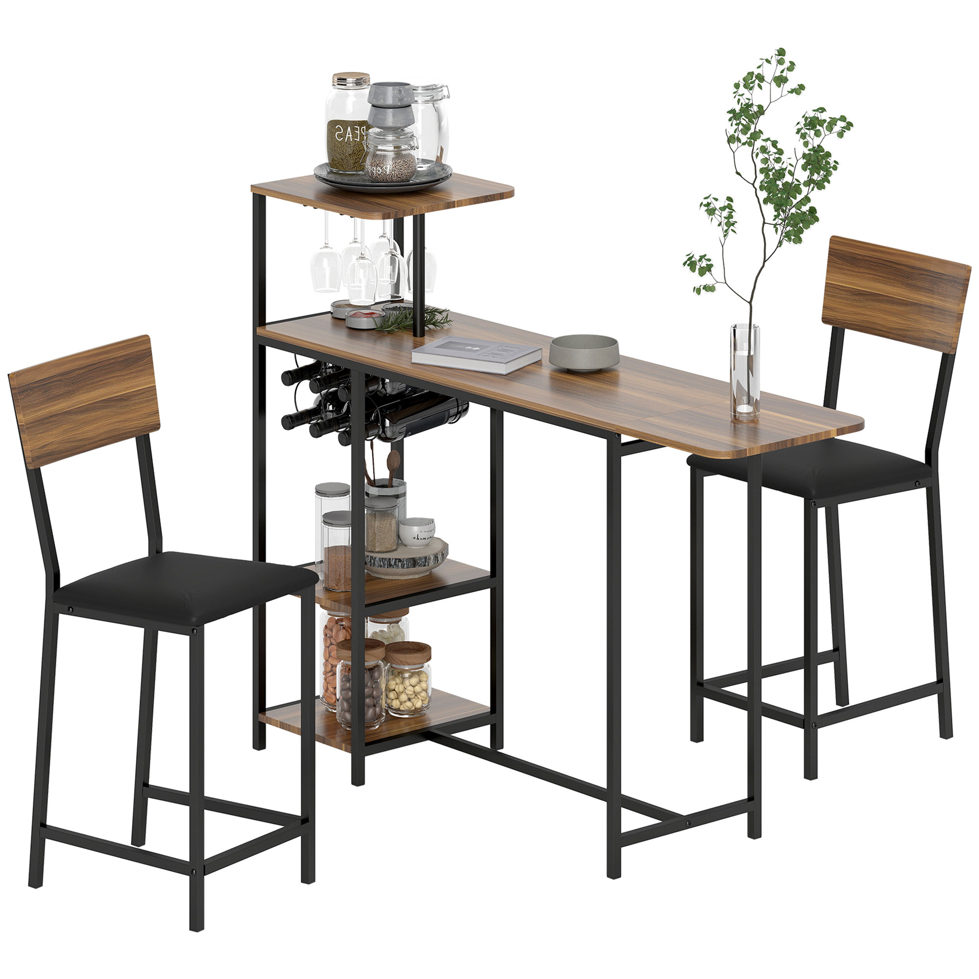 3-teiliges Bartisch-Set, 1 Bartisch, 2 Stühle, mit Weinregal, Glashalter, Offene Regale, Fußstützen, Braun 3-teiliges Bartisch-Set, 1 Bartisch, 2 Stühle, mit Weinregal, Glashalter, Offene Regale, Fußstützen, Braun