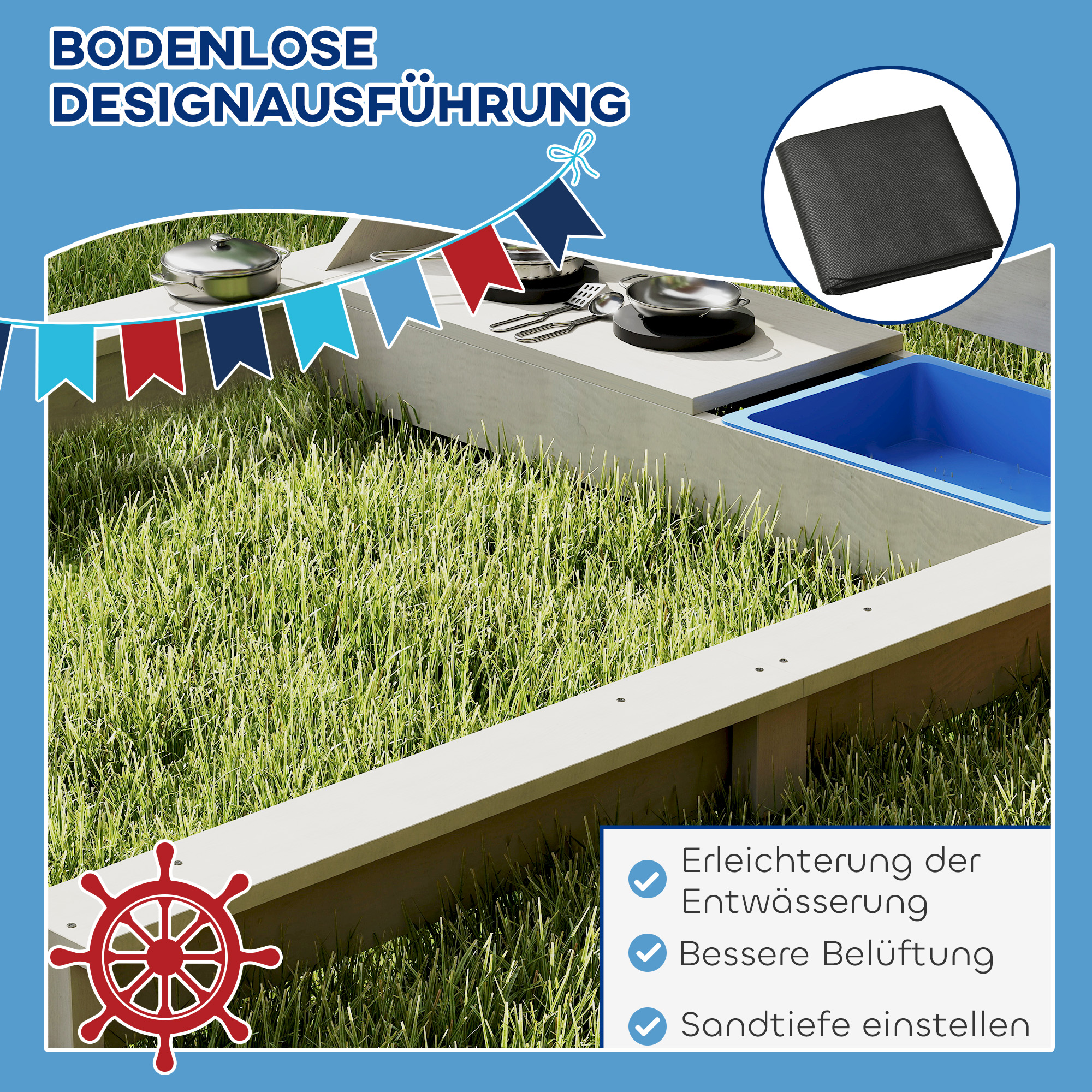 Sandkasten mit Sonnendach Piratenschiff, inkl. Kinderküchenspielset, Massivholz, 180 x 103 x 144,5 cm, Grau