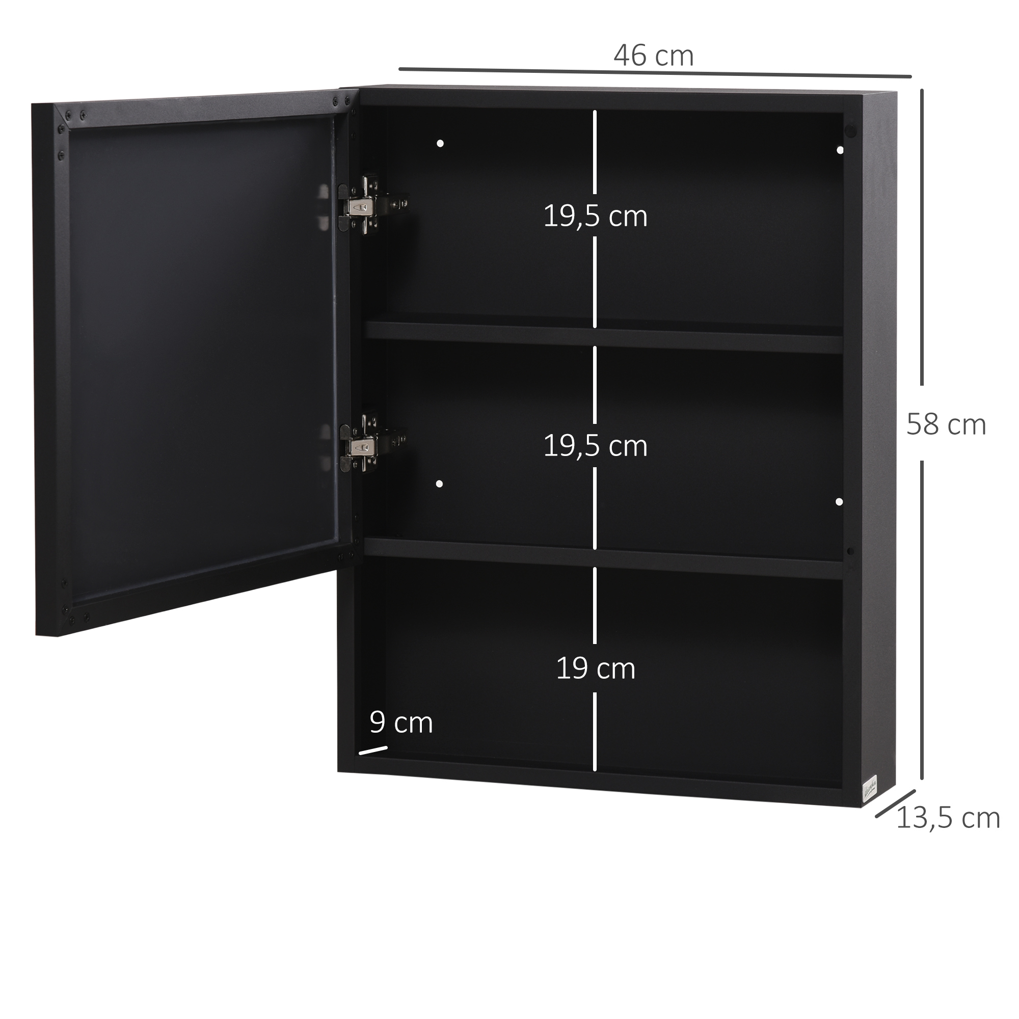 Spiegelschrank, 2 Innenböden, offenes Regalfach, Stahlgehäuse, schwarz, 46 x 13,5 x 58 cm