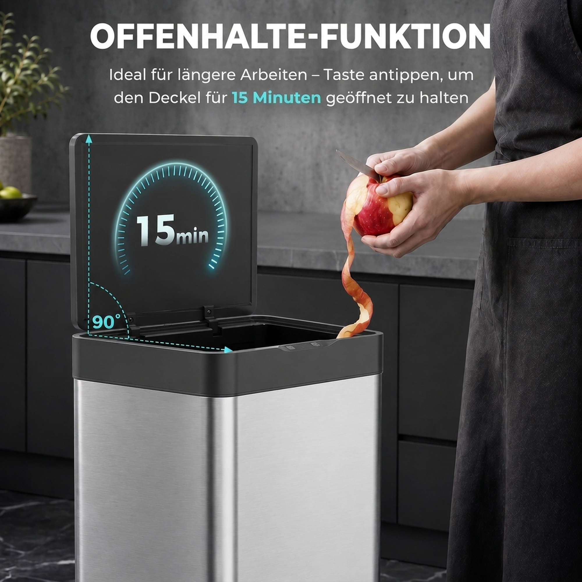 40L Sensormülleimer, 3 Fächer (2 x 12,5L + 15L), mit Soft-Close- & Offenhaltefunktion, Silber