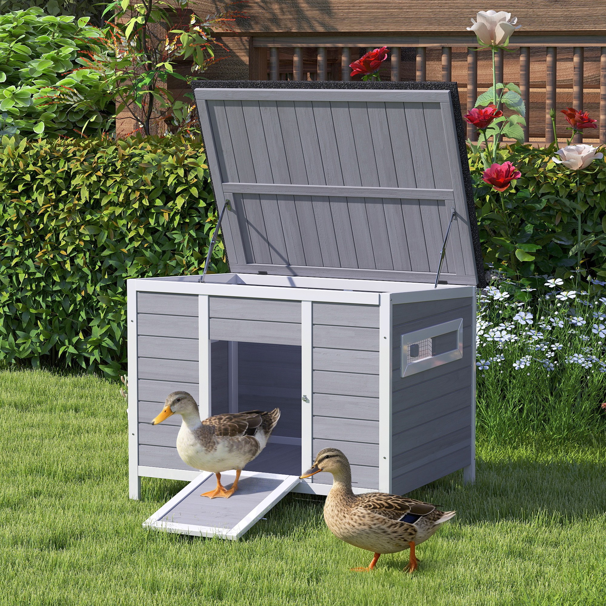Entenstall wetterfest Entenhaus aus Holz mit herausnehmbar Boden Schiebefenster aufklappbar Asphaltdach 93x70x72cm Grau