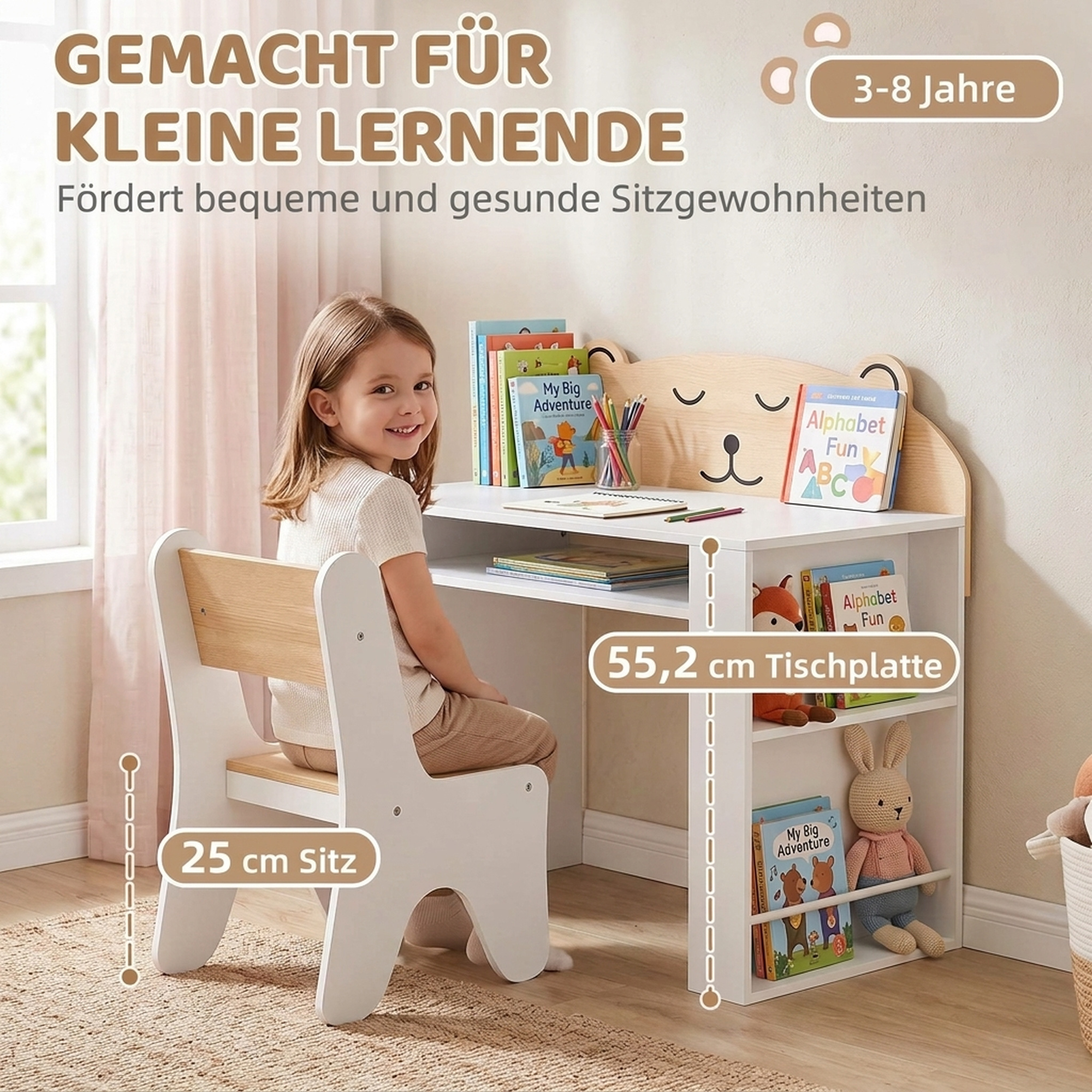 Kindertisch mit Stuhl 2 teilige Kindersitzgruppe mit Bücherregal Ablagefach Bären-Design für Kinder 3-8 Weiß