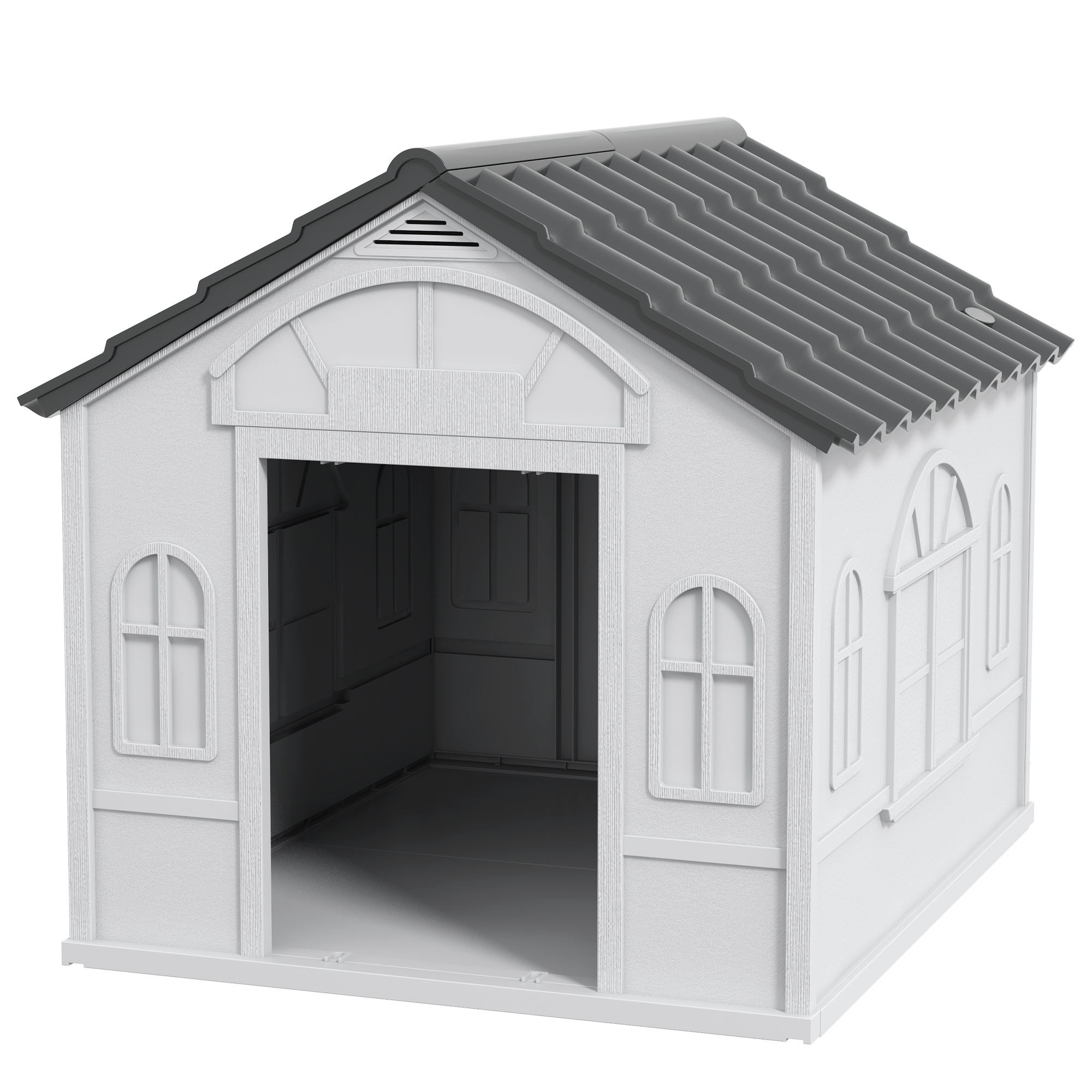 Hundehütte mit Satteldach, wetterfest, Kunststoff, 65 x 75,7 x 63 cm, Grau Hundehütte mit Satteldach, wetterfest, Kunststoff, 65 x 75,7 x 63 cm, Grau
