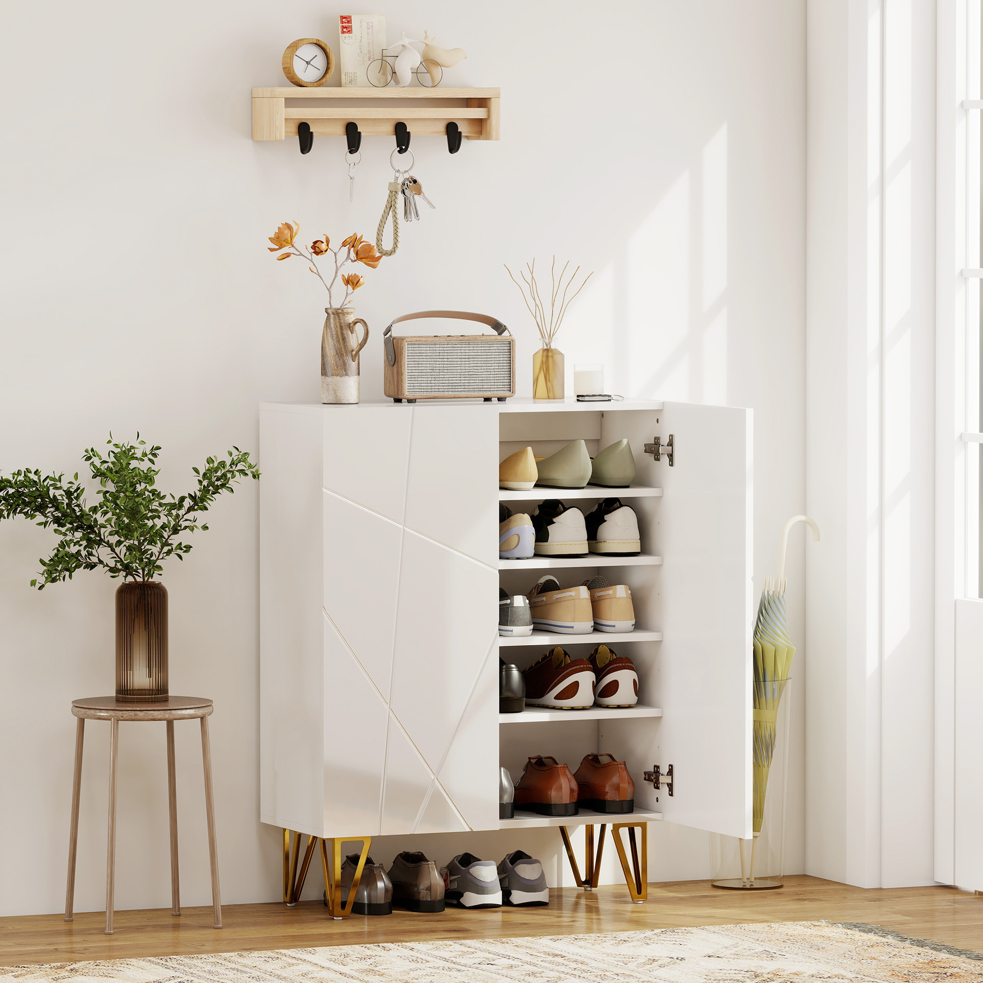 Schuhschrank mit 2 Türen, Schuhregal, Schuhaufbewahrung mit 3 Verstellbaren Ablagen 72 x 31,5 x 95 cm, Weiß