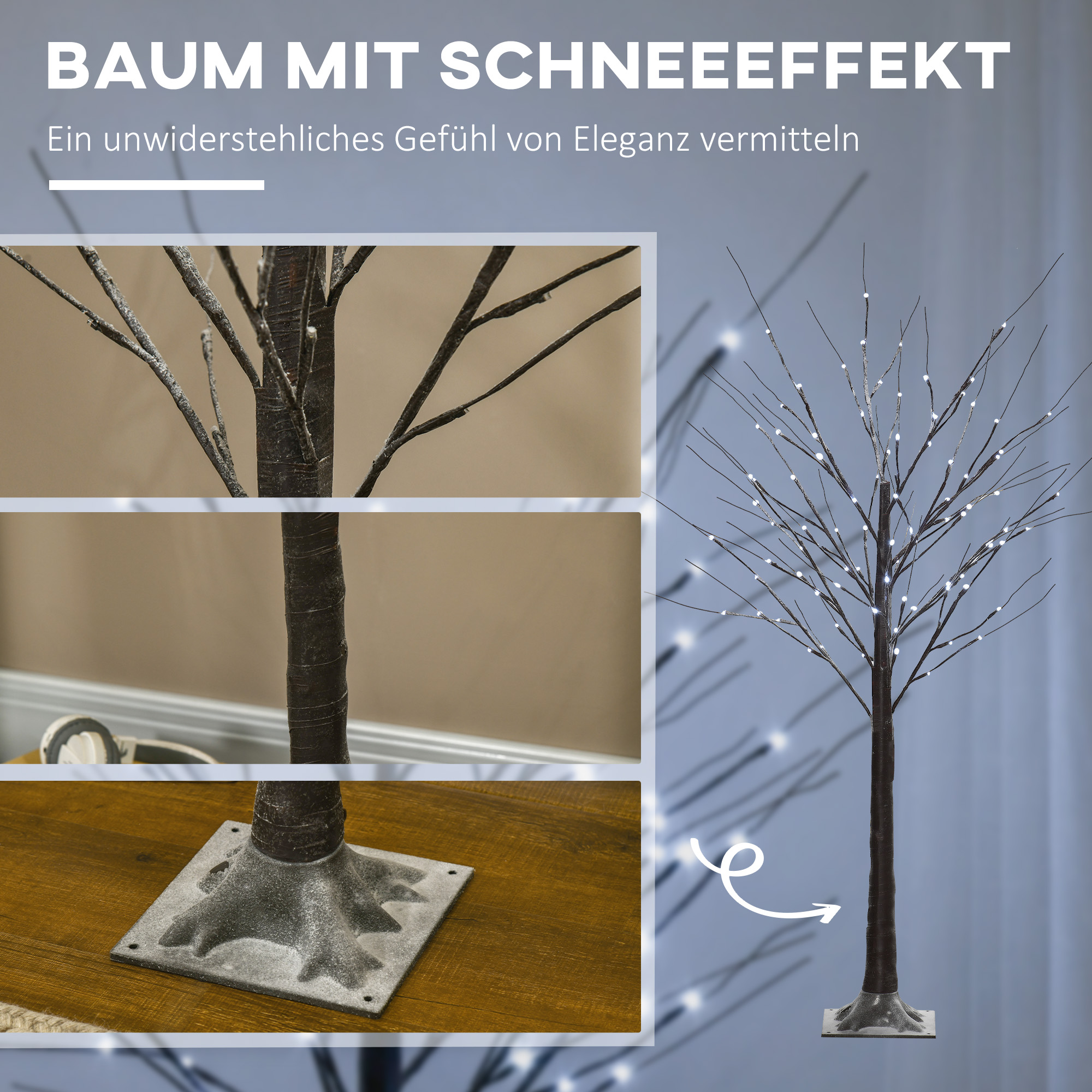 künstliche Birke mit LED-Beleuchtung, 96 kaltweiße Mikro-LEDs, 150 cm, Braun