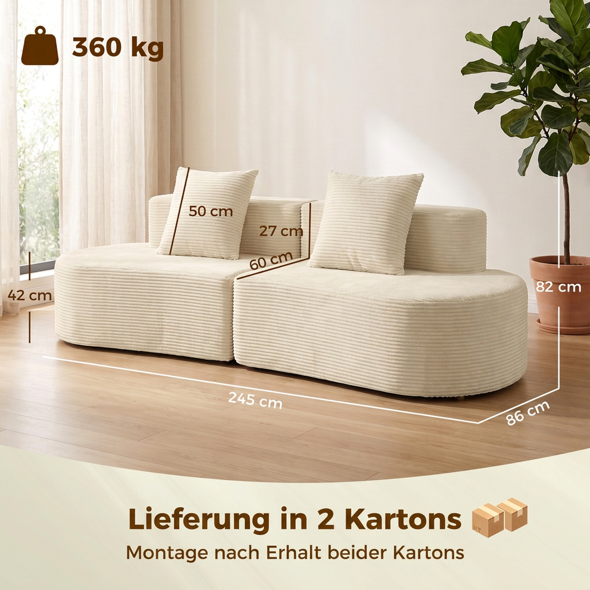 3-Sitzer-Sofa, modulares Cloud-Sofa ohne festen Rahmen, breite & tiefe Sitzfläche, Federpolsterung, Kordbezug, Beige