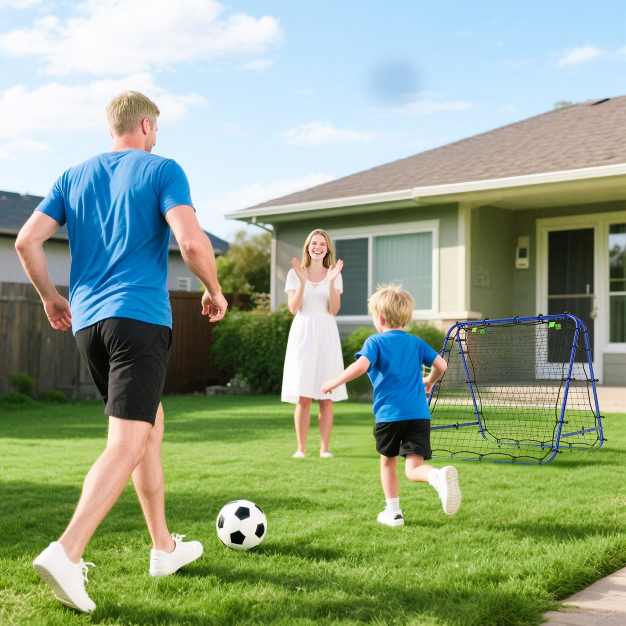 Rebounder für Fußball, verstellbar Prellwand mit 5 Winkelpositionen und Rückprallwand Netz, 100 x 68-95cm Kickback Tor Fußballtor für Jugendliche, Rückprallwand für Handball Training, Blau