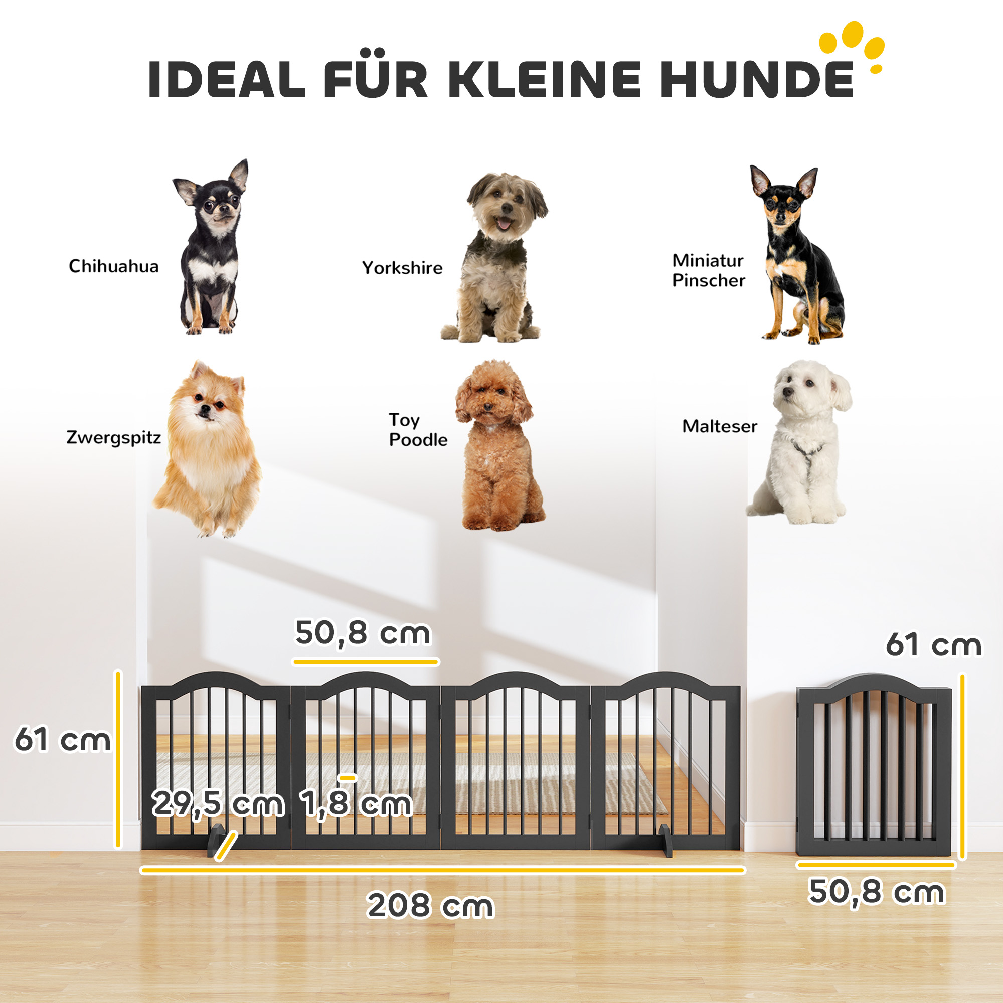 Absperrgitter Hund Freistehendes Schutzgitter mit Füßen, Klappbar Hundegitter, 4 Paneelen, 208 x 29,5 x 61 cm, Schwarz