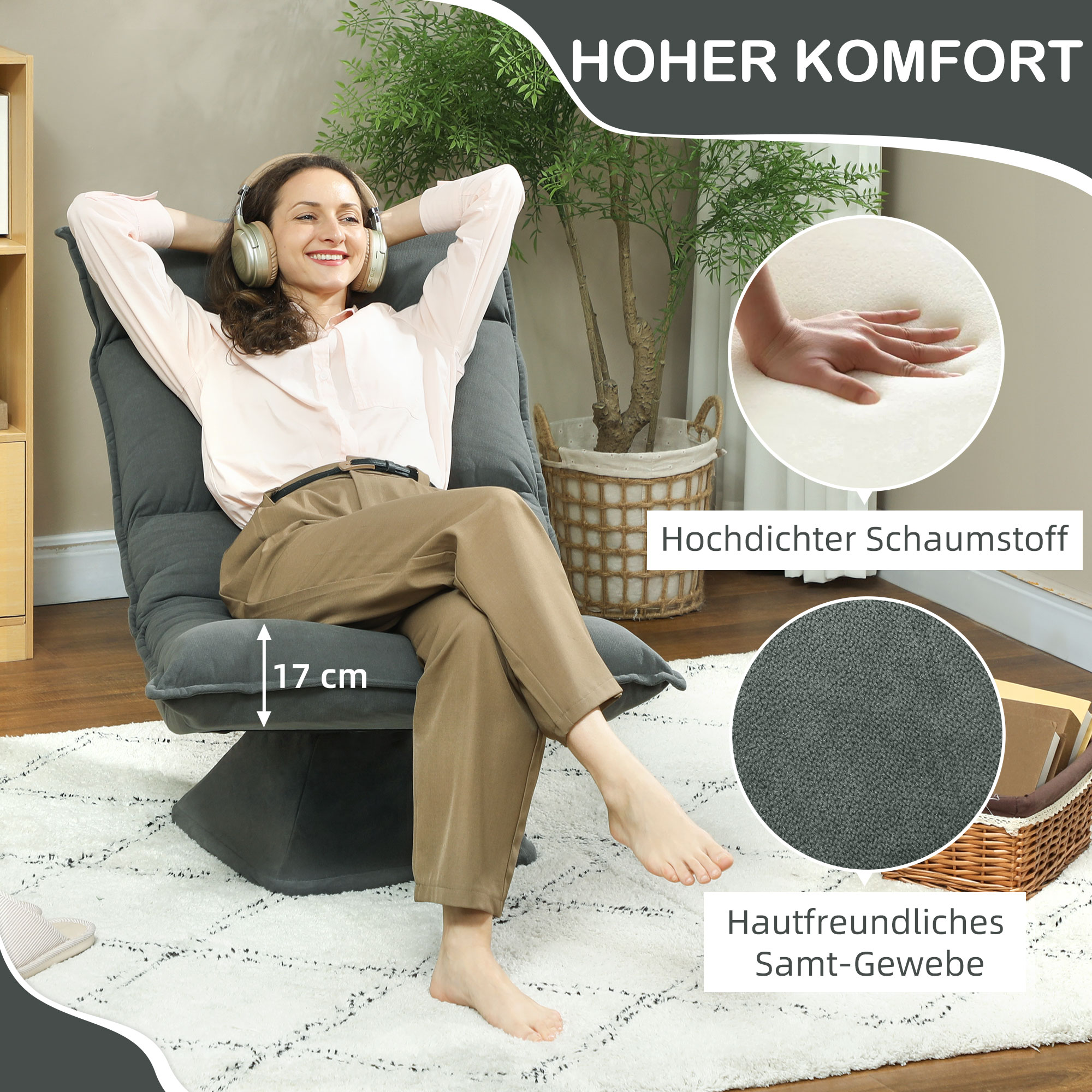 Bodensessel mit 5-fach verstellbarer Rückenlehne, drehbar, moderner Polsterstuhl, Dunkelgrau
