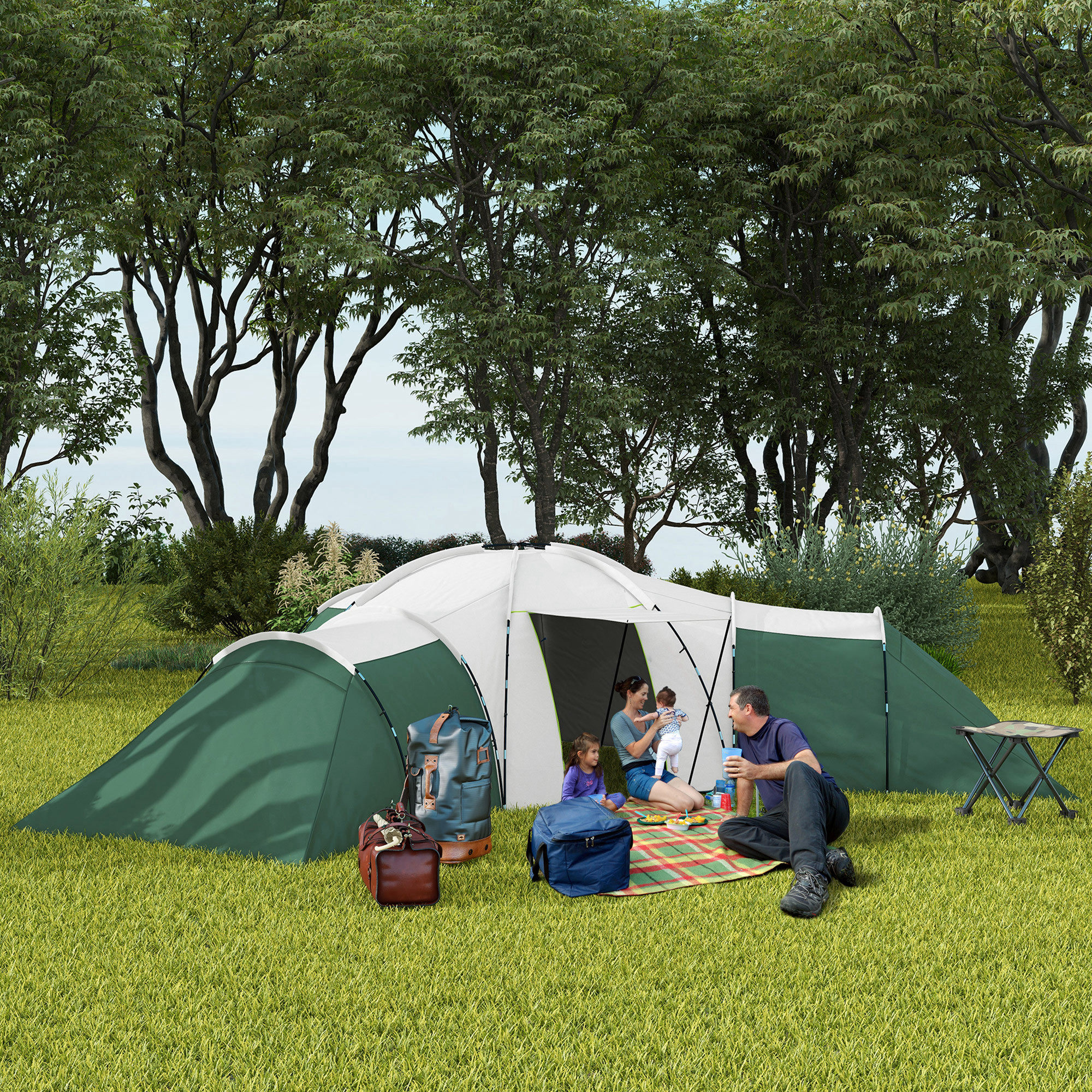 Campingzelt für 6-9 Personen, 4 Räume, Vorzelt, wasserdicht, 615x 615x225cm, Grün