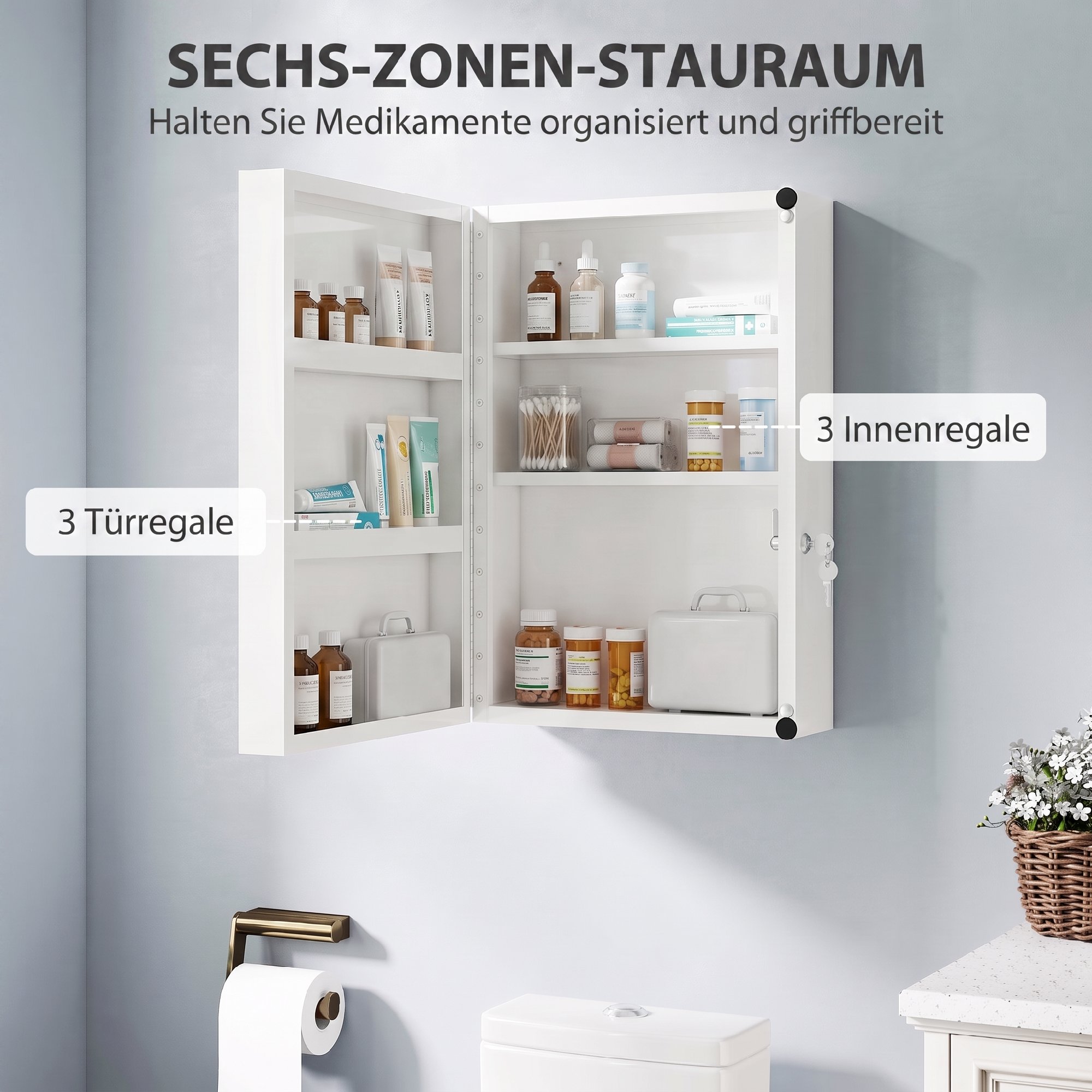 Medizinschrank, abschließbarer Medikamentenschrank mit 6 Regalen für Küche, Flur