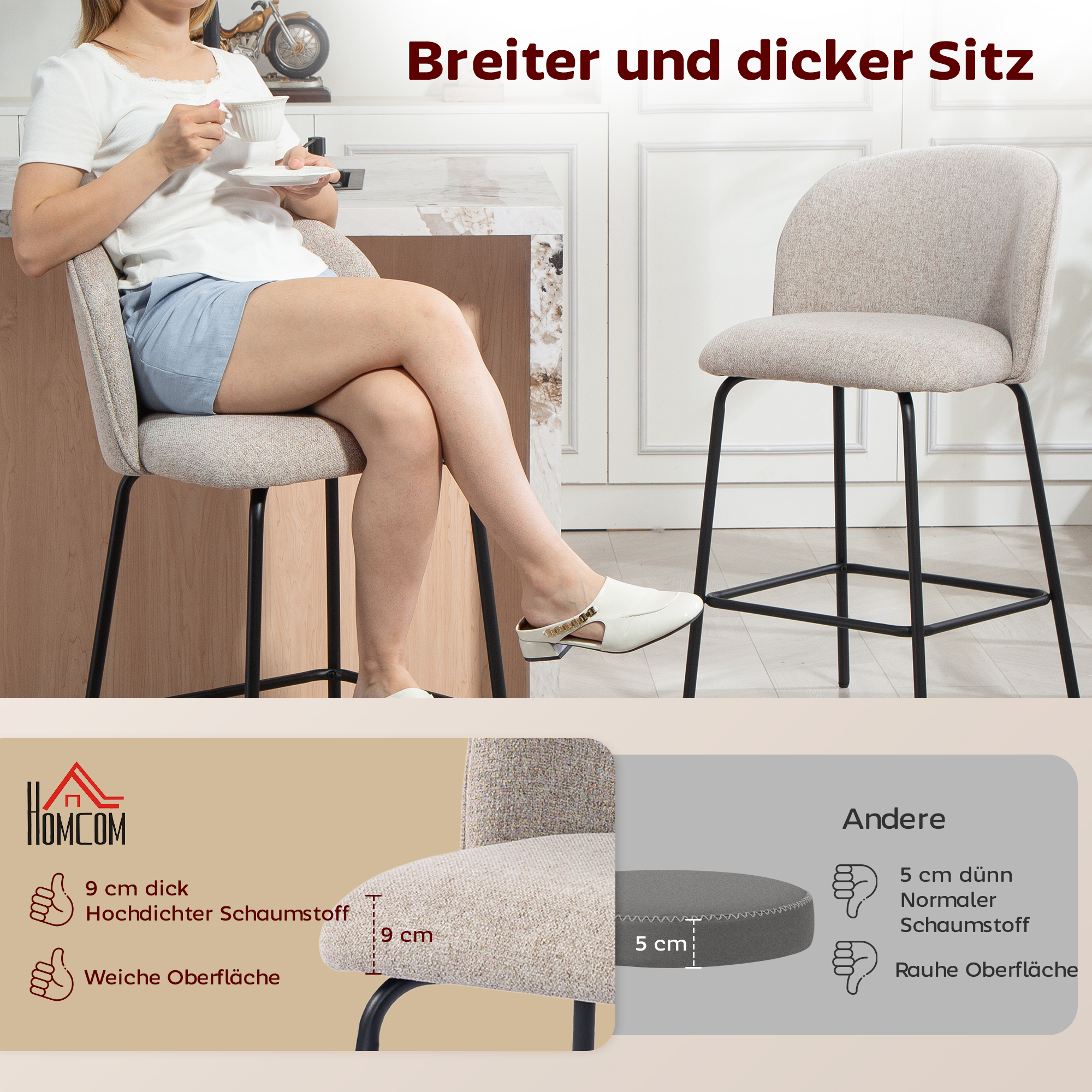 2er-Set Barhocker mit Rückenlehne und Fußstütze, Polsterstühle mit Stahlbeinen für Kücheninsel, Esszimmer, Hellgrau