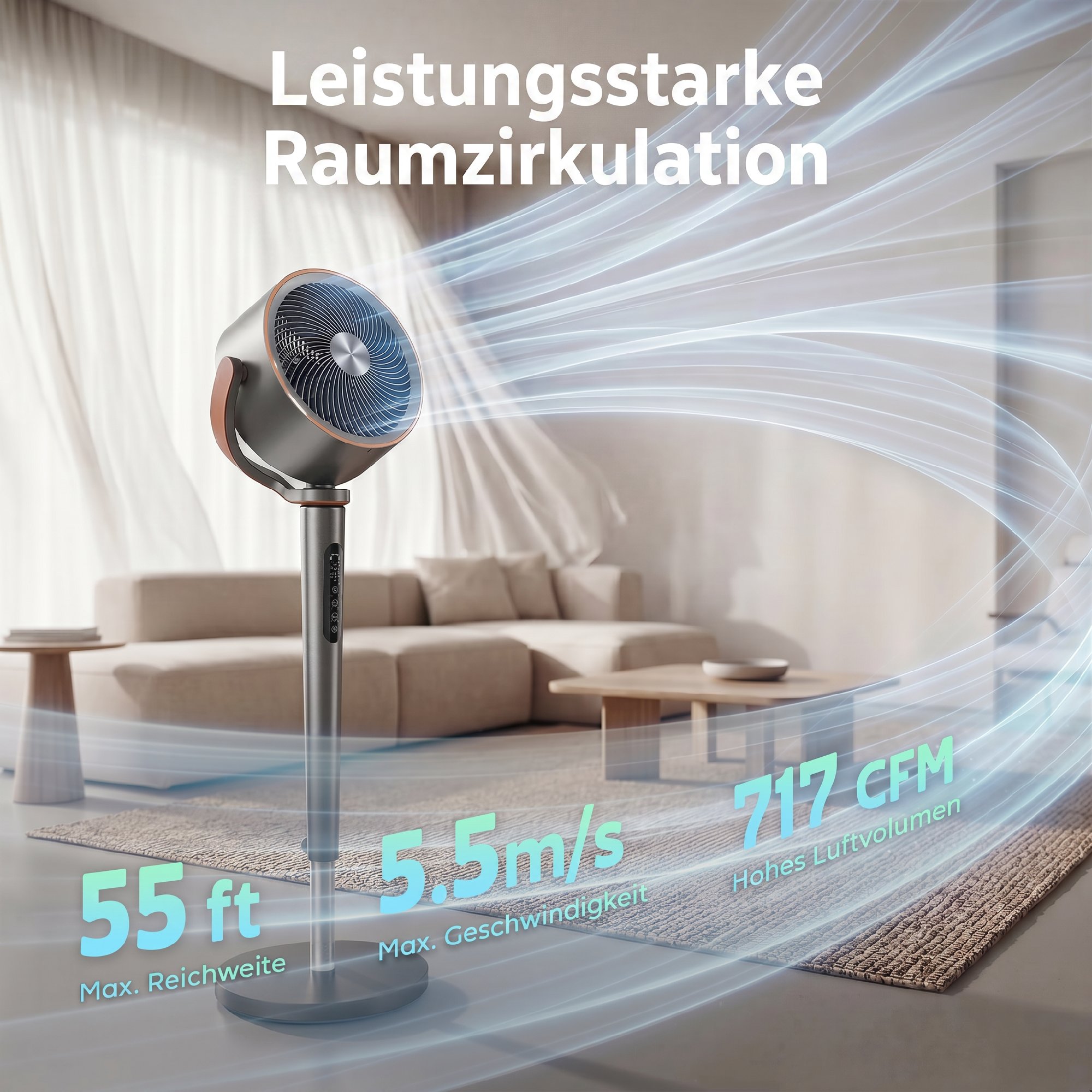 Standventilator Luftzirkulator Lüfter mit 12 Geschwindigkeitsstufen LED-Display Fernbedienung 70°+90° Oszillation Grau