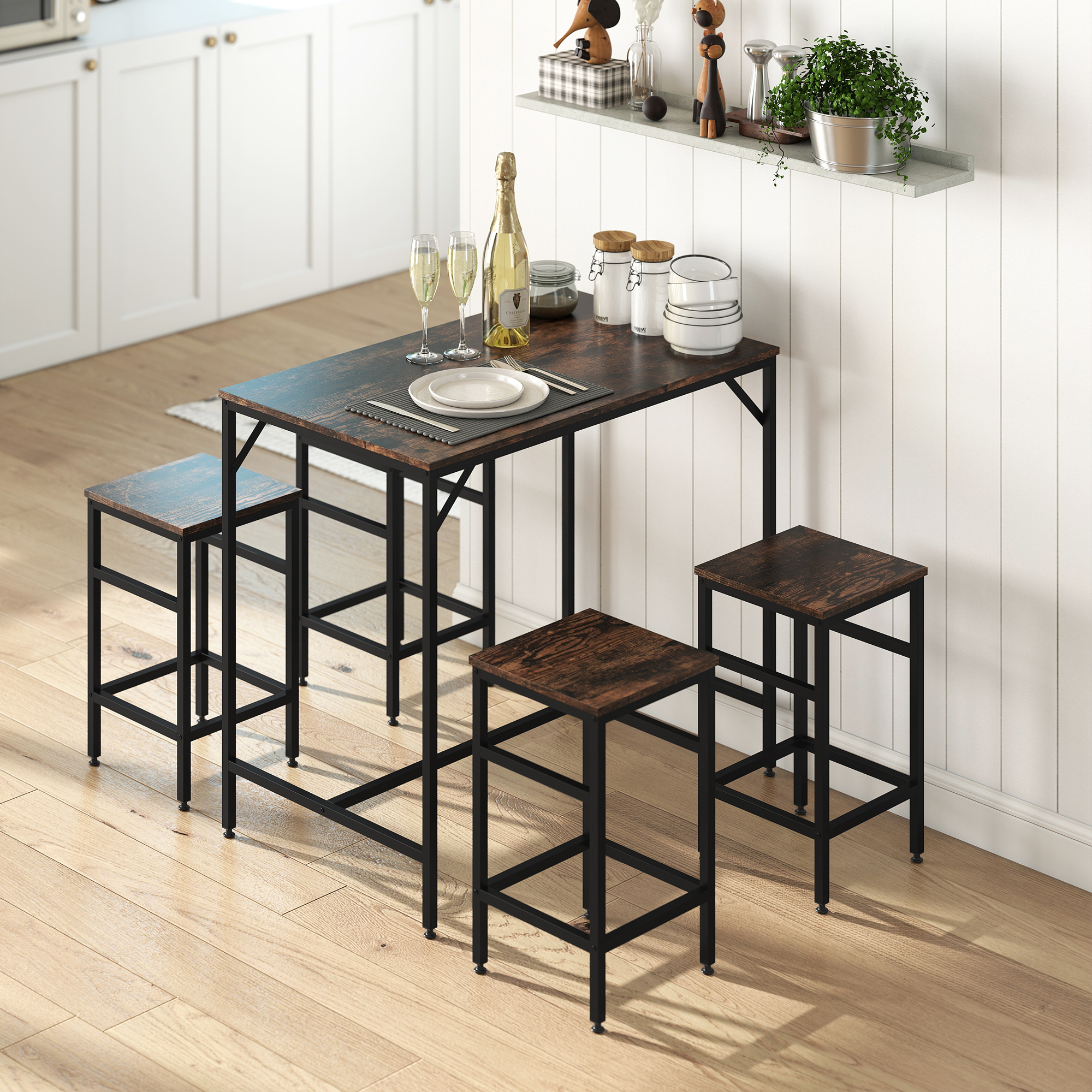 5-teiliges Bartisch Set Bartisch mit Barhocker-Set Esstisch mit 4 Stühlen Küchentisch für Esszimmer, Küche, Rustikal-Braun+Schwarz