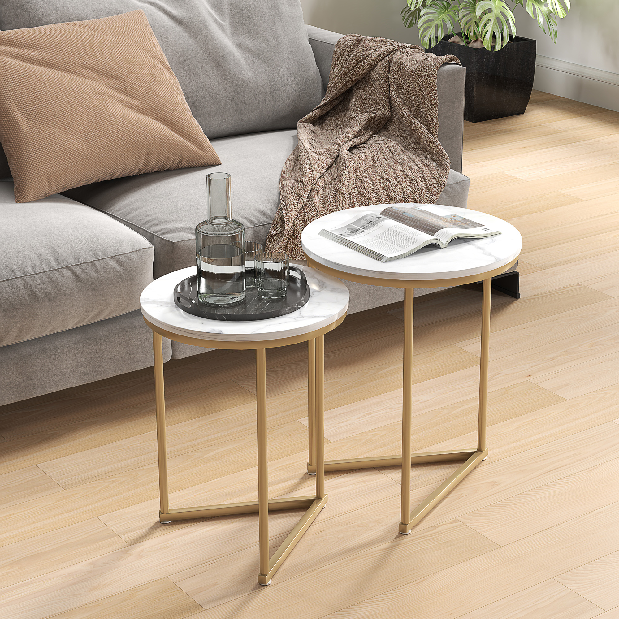 Beistelltisch 2er-Set, moderner Couchtisch mit goldenen Stahlbeinen für Wohnzimmer, Schlafzimmer