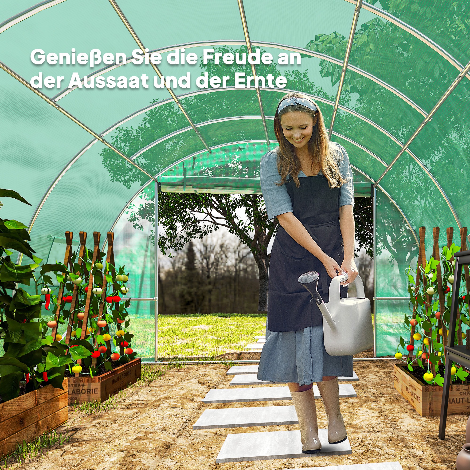 Polytunnel Gewächshaus mit Kunststoff-Abdeckung und Stahlrahmen, begehbares Gewächshauszelt mit Rolltüren, Grün