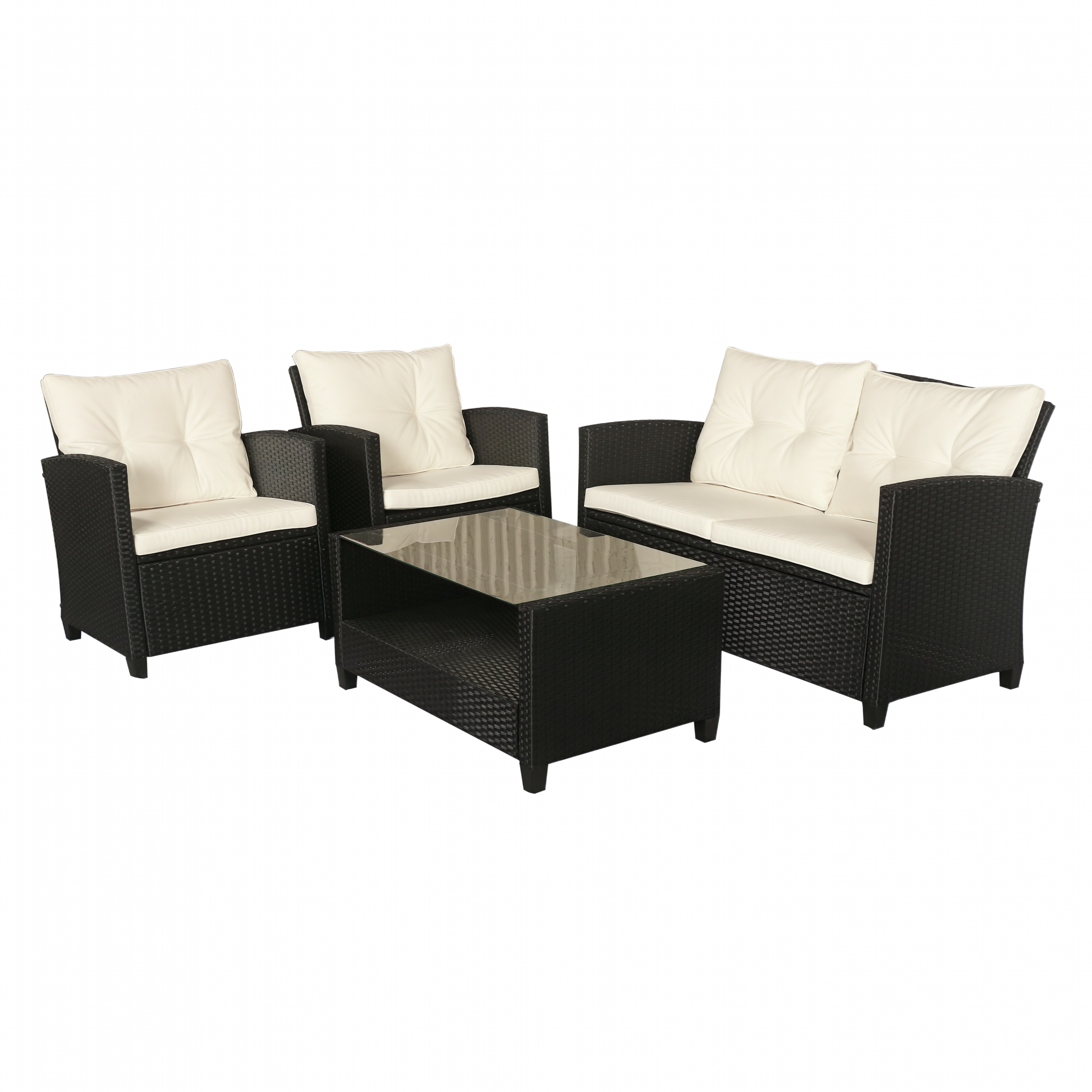 Gartenmöbel-Set, 4-tlg,, 2 Sessel, 1 Sofa, 1 Couchtisch, abnehmbare Polster, PE-Rattan, Schwarz Gartenmöbel-Set, 4-tlg,, 2 Sessel, 1 Sofa, 1 Couchtisch, abnehmbare Polster, PE-Rattan, Schwarz